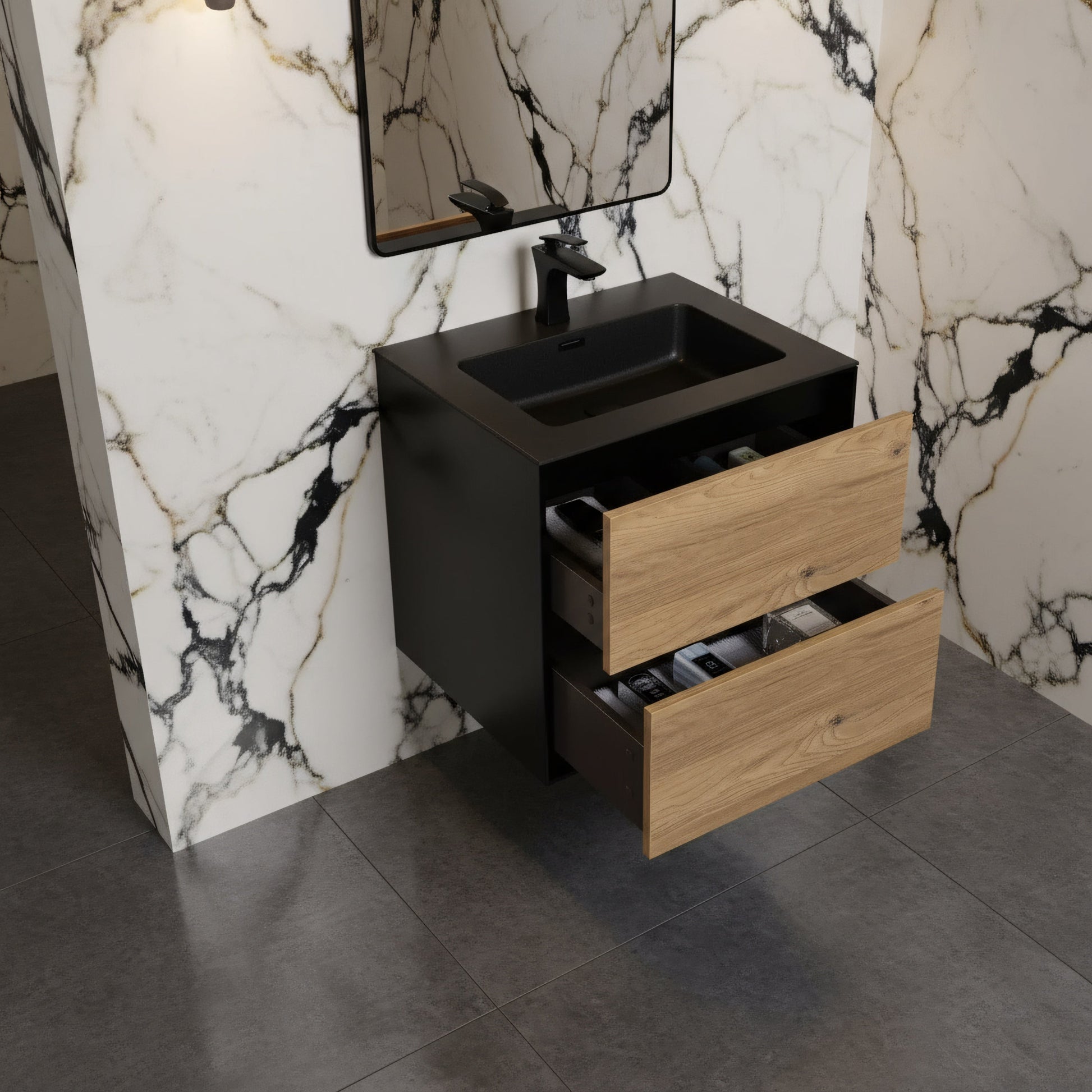 24" Black & Rough Oak Wall Mount Bathroom Vanity with Black Engineered Quartz Countertop-Migration_Bathroom Vanities-DECOROLALA