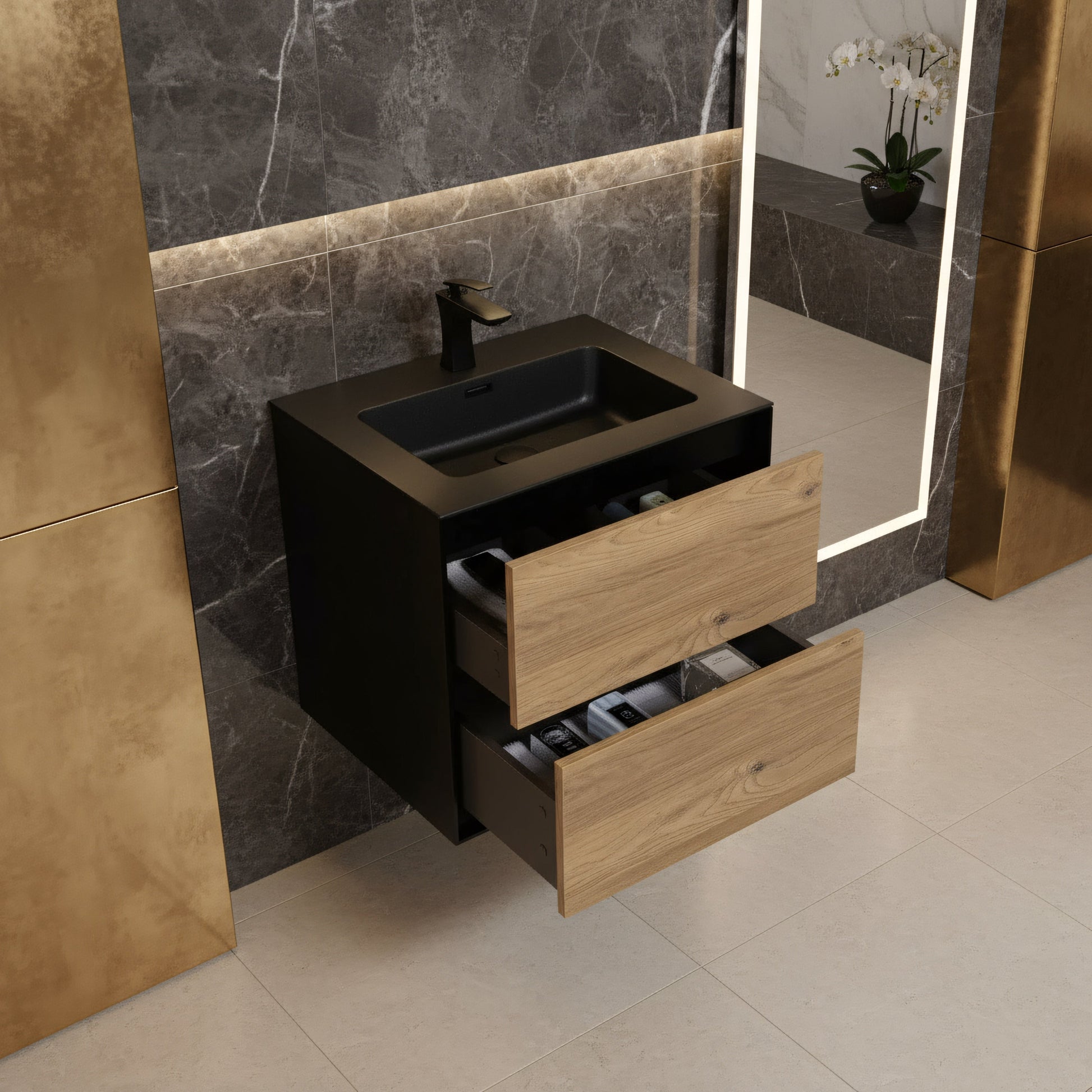 24" Black & Rough Oak Wall Mount Bathroom Vanity with Black Engineered Quartz Countertop-Migration_Bathroom Vanities-DECOROLALA