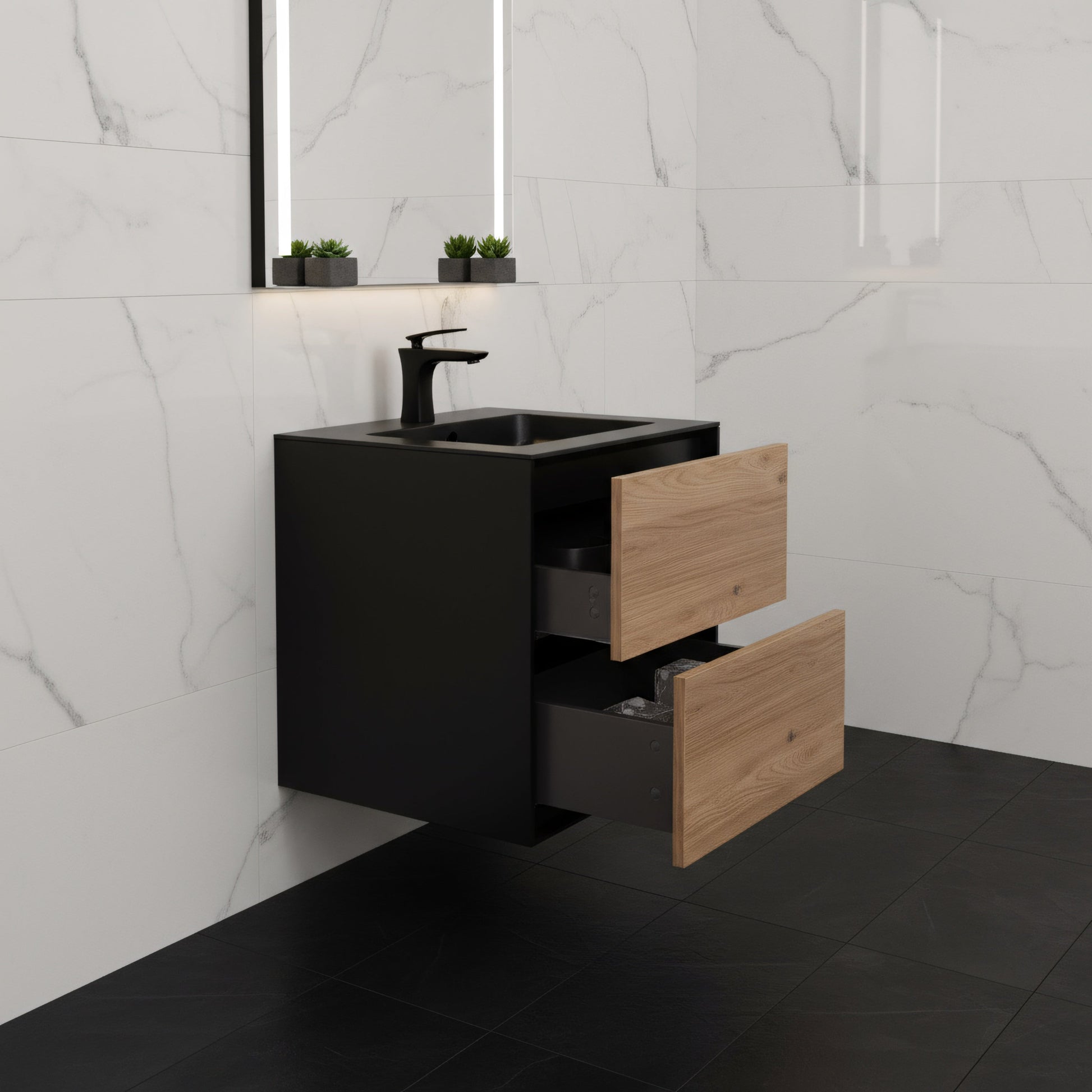 24" Black & Rough Oak Wall Mount Bathroom Vanity with Black Engineered Quartz Countertop-Migration_Bathroom Vanities-DECOROLALA