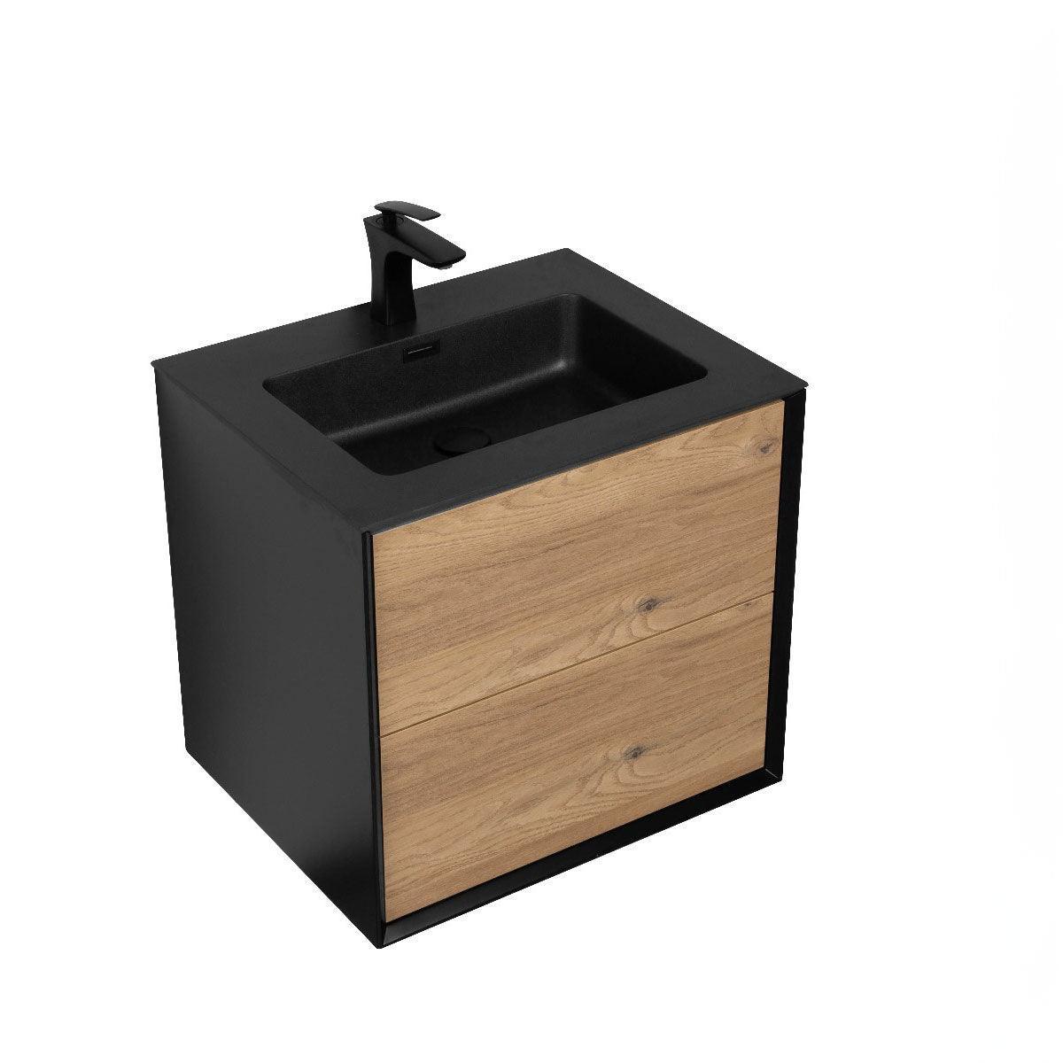 24" Black & Rough Oak Wall Mount Bathroom Vanity with Black Engineered Quartz Countertop-Migration_Bathroom Vanities-DECOROLALA