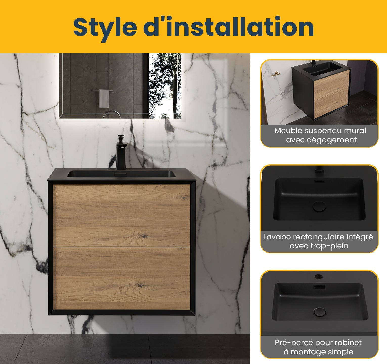 24" Black & Rough Oak Wall Mount Bathroom Vanity with Black Engineered Quartz Countertop-Migration_Bathroom Vanities-DECOROLALA