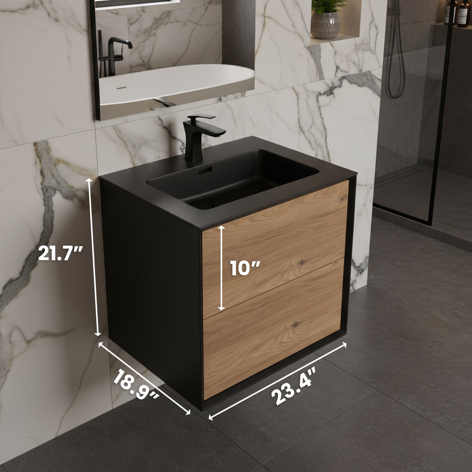 24" Black & Rough Oak Wall Mount Bathroom Vanity with Black Engineered Quartz Countertop-Migration_Bathroom Vanities-DECOROLALA