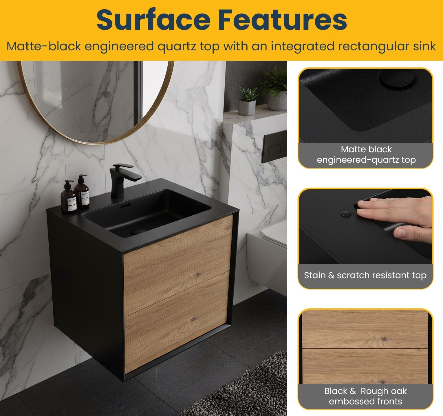 24" Black & Rough Oak Wall Mount Bathroom Vanity with Black Engineered Quartz Countertop-Migration_Bathroom Vanities-DECOROLALA