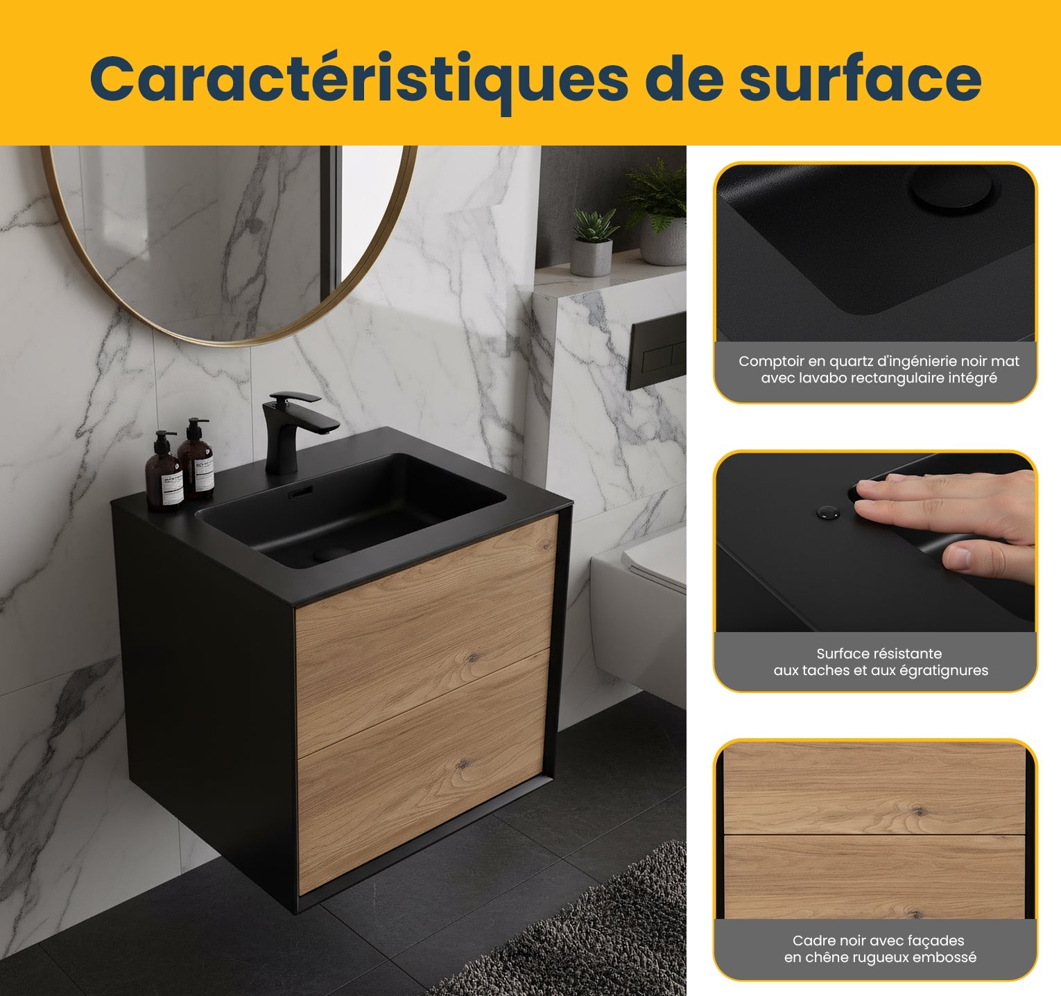 24" Black & Rough Oak Wall Mount Bathroom Vanity with Black Engineered Quartz Countertop-Migration_Bathroom Vanities-DECOROLALA