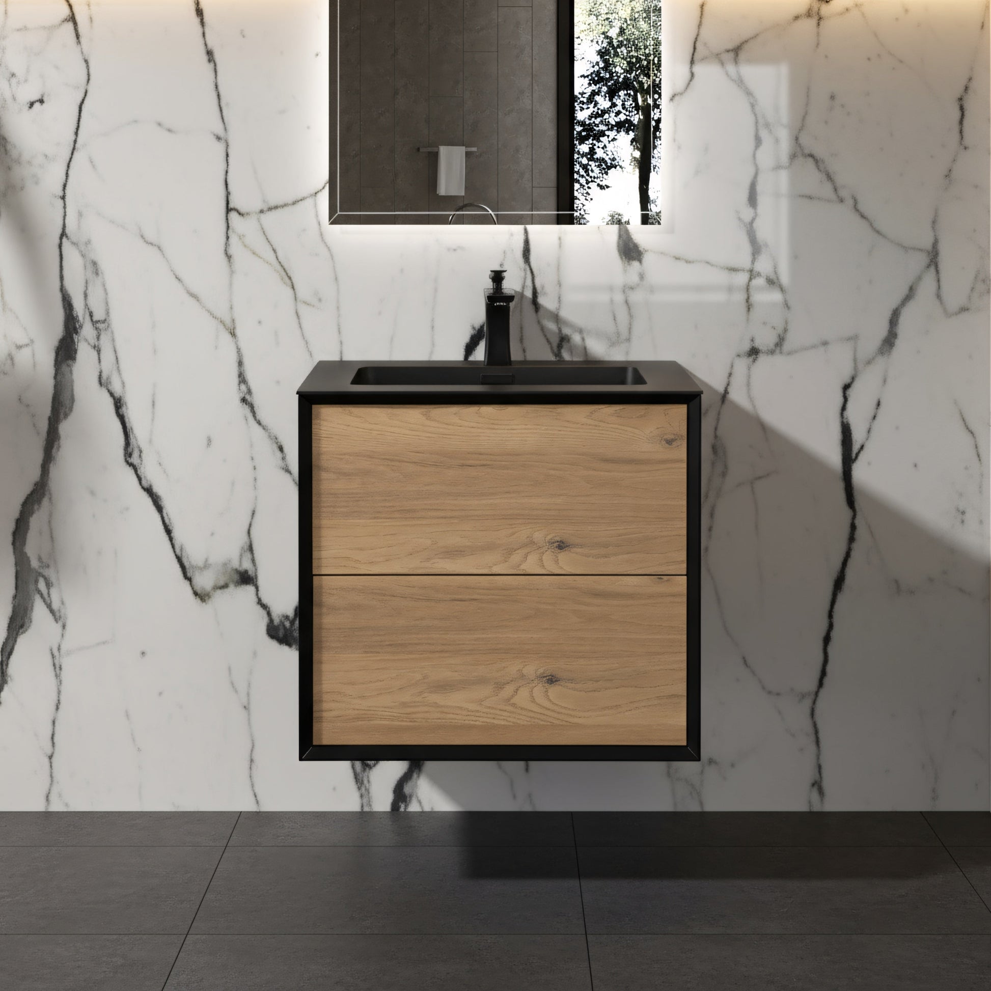 24" Black & Rough Oak Wall Mount Bathroom Vanity with Black Engineered Quartz Countertop-Migration_Bathroom Vanities-DECOROLALA