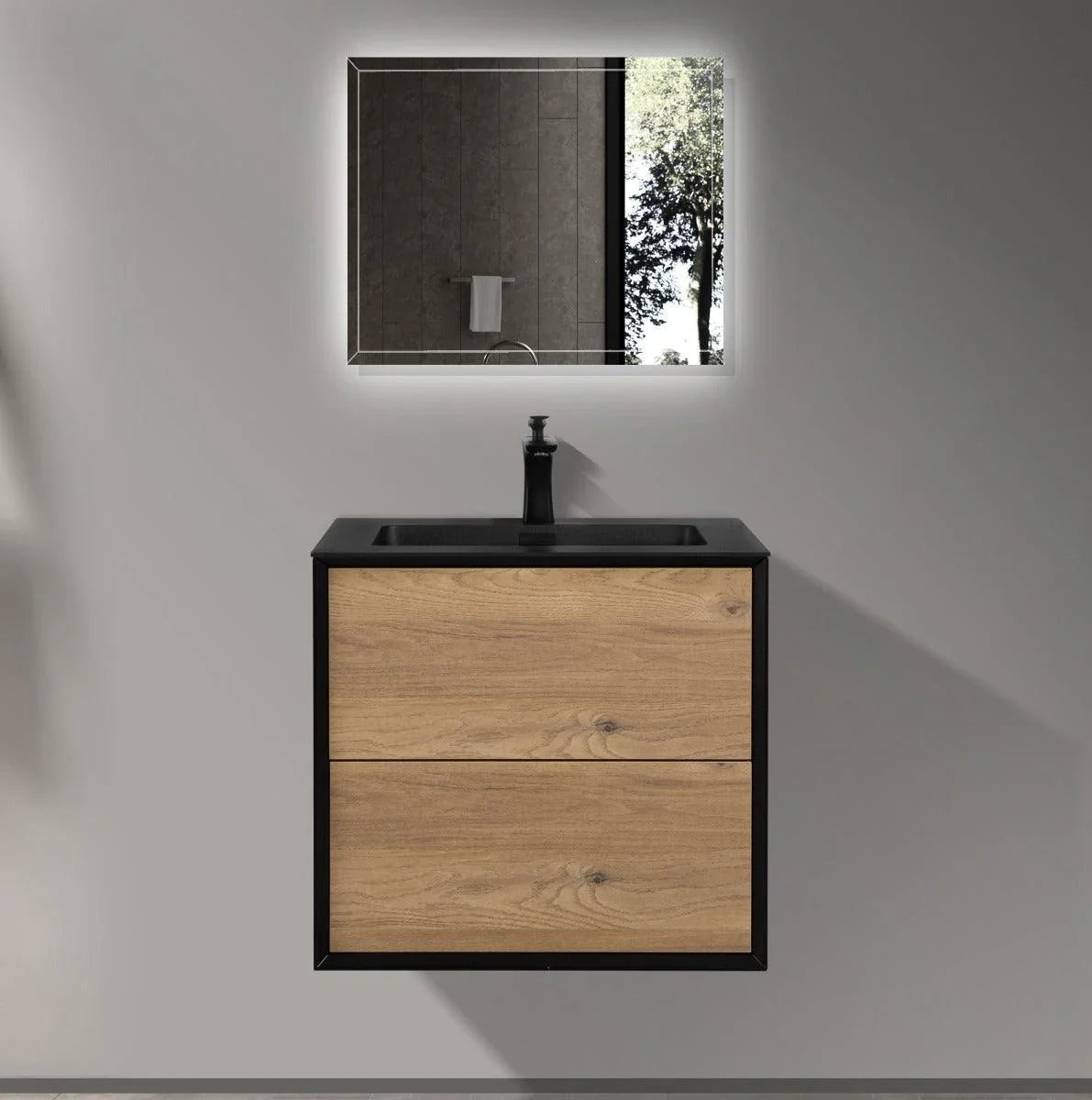 24" Black & Rough Oak Wall Mount Bathroom Vanity with Black Engineered Quartz Countertop-Migration_Bathroom Vanities-DECOROLALA
