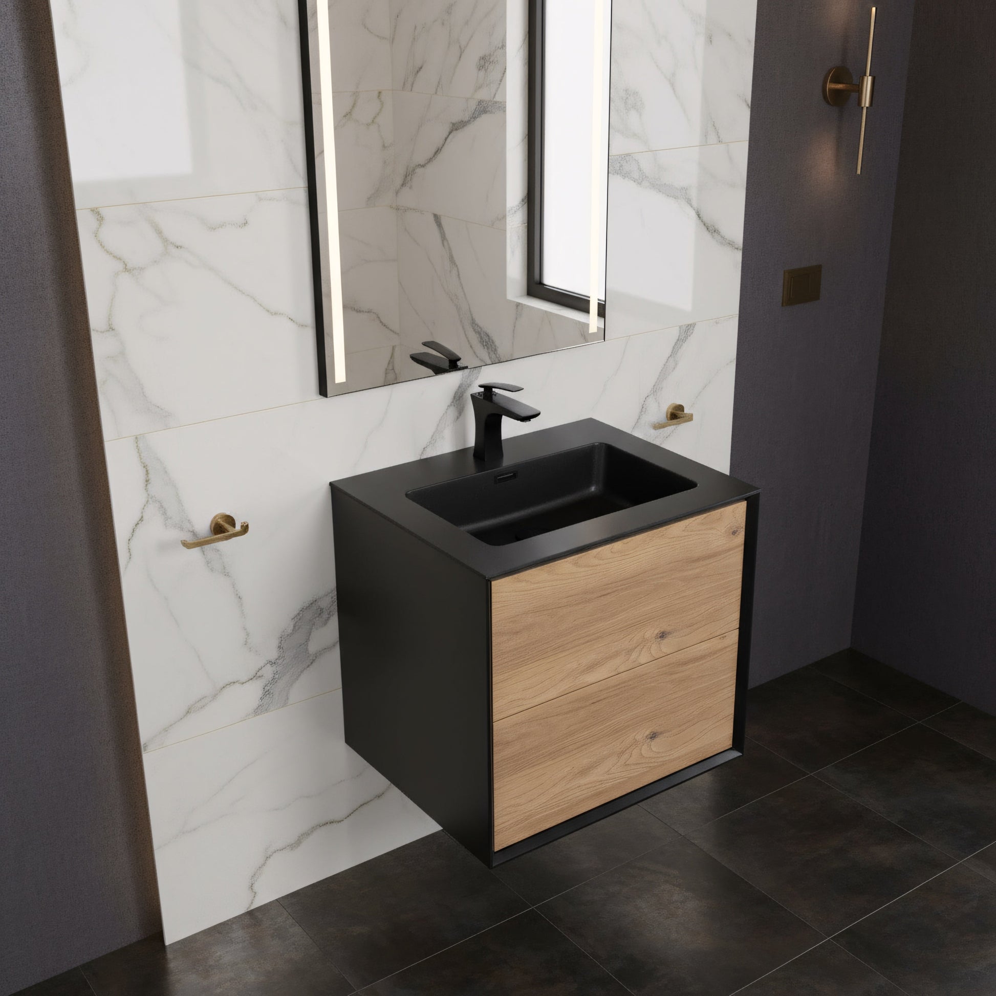 24" Black & Rough Oak Wall Mount Bathroom Vanity with Black Engineered Quartz Countertop-Migration_Bathroom Vanities-DECOROLALA