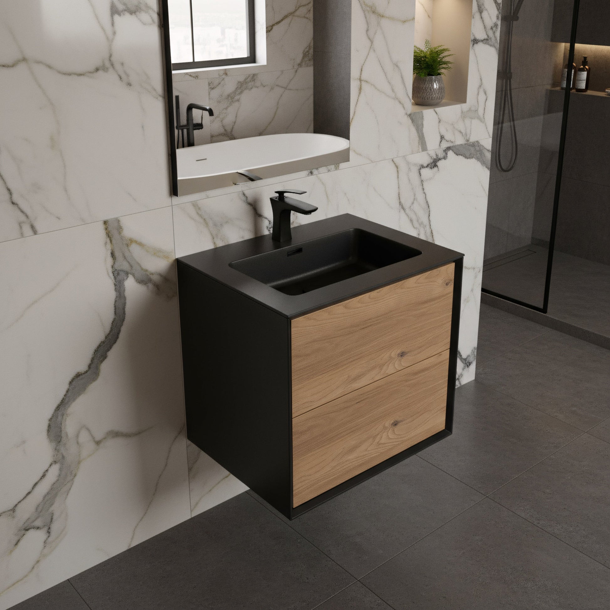 24" Black & Rough Oak Wall Mount Bathroom Vanity with Black Engineered Quartz Countertop-Migration_Bathroom Vanities-DECOROLALA