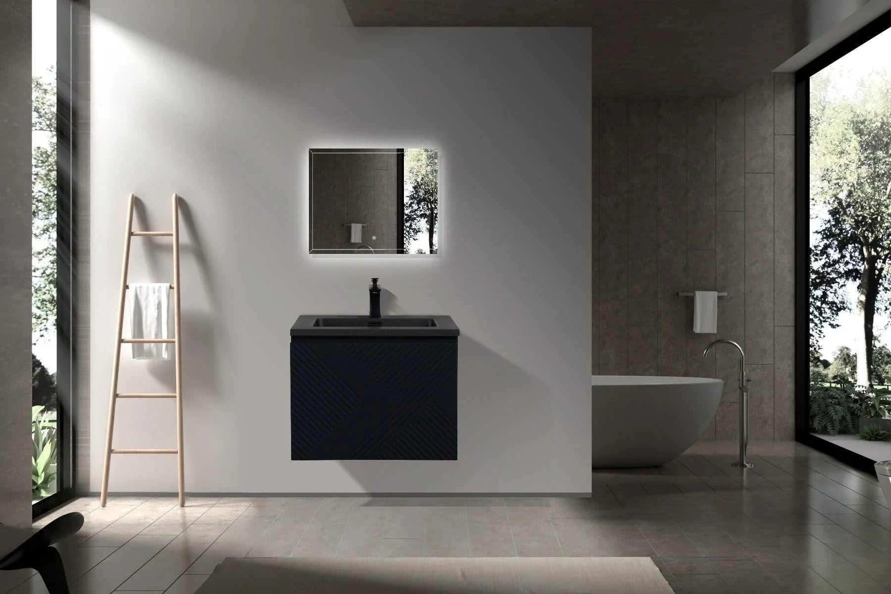 24" Black Wall Mount Bathroom Vanity with Black Engineered Quartz Countertop-Migration_Bathroom Vanities-DECOROLALA