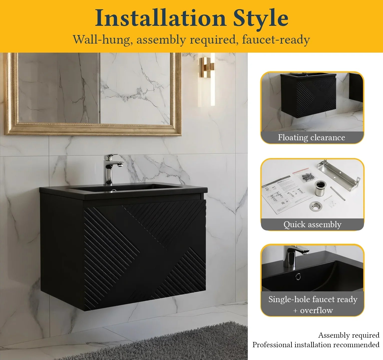 24" Black Wall Mount Bathroom Vanity with Black Engineered Quartz Countertop-Migration_Bathroom Vanities-DECOROLALA