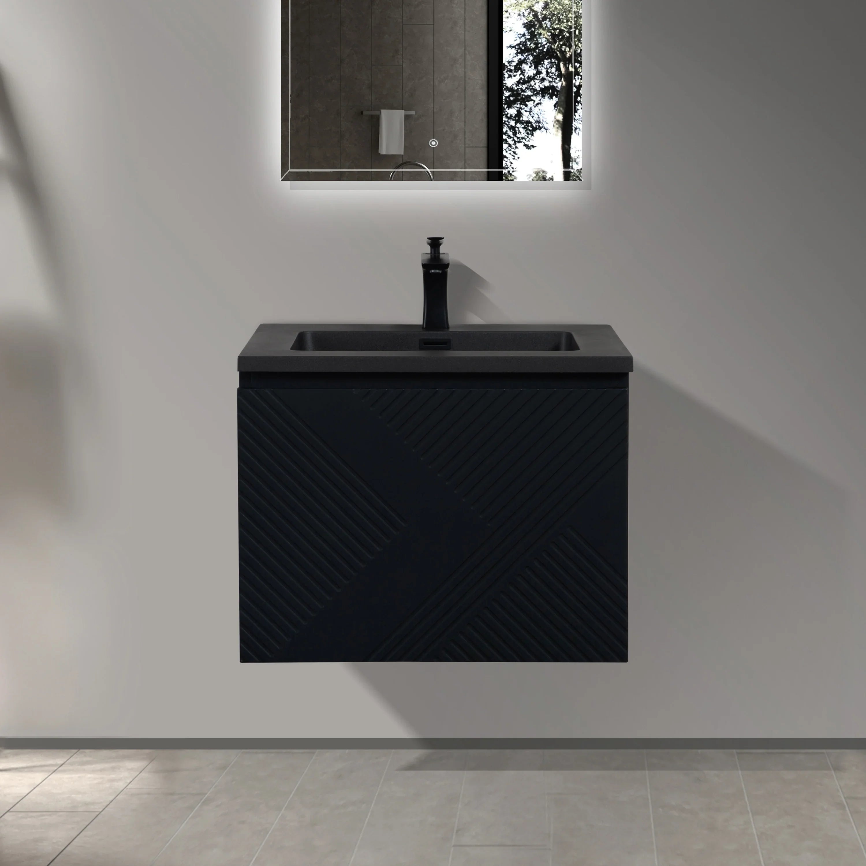 24" Black Wall Mount Bathroom Vanity with Black Engineered Quartz Countertop-Migration_Bathroom Vanities-DECOROLALA