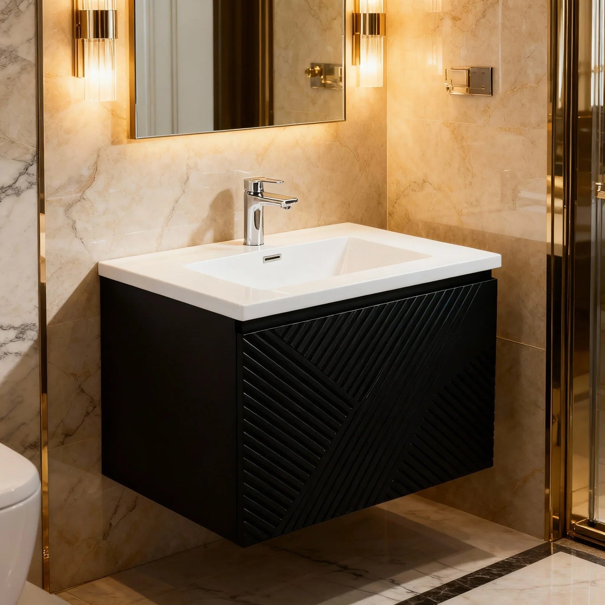 24" Black Wall Mount Bathroom Vanity with White Polymarble Countertop-Migration_Bathroom Vanities-DECOROLALA