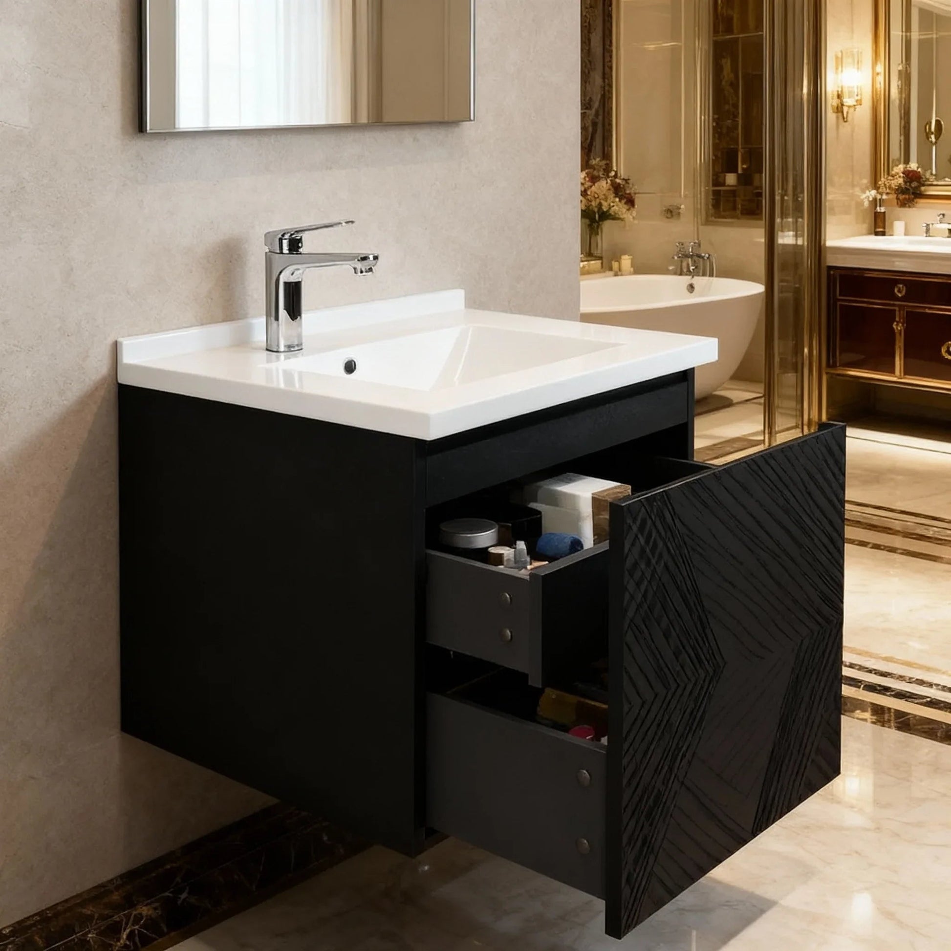 24" Black Wall Mount Bathroom Vanity with White Polymarble Countertop-Migration_Bathroom Vanities-DECOROLALA