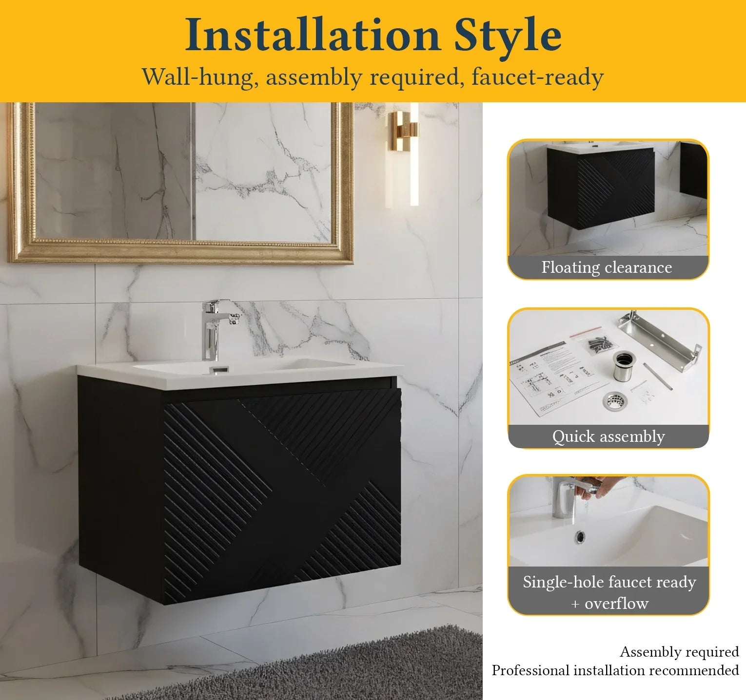 24" Black Wall Mount Bathroom Vanity with White Polymarble Countertop-Migration_Bathroom Vanities-DECOROLALA