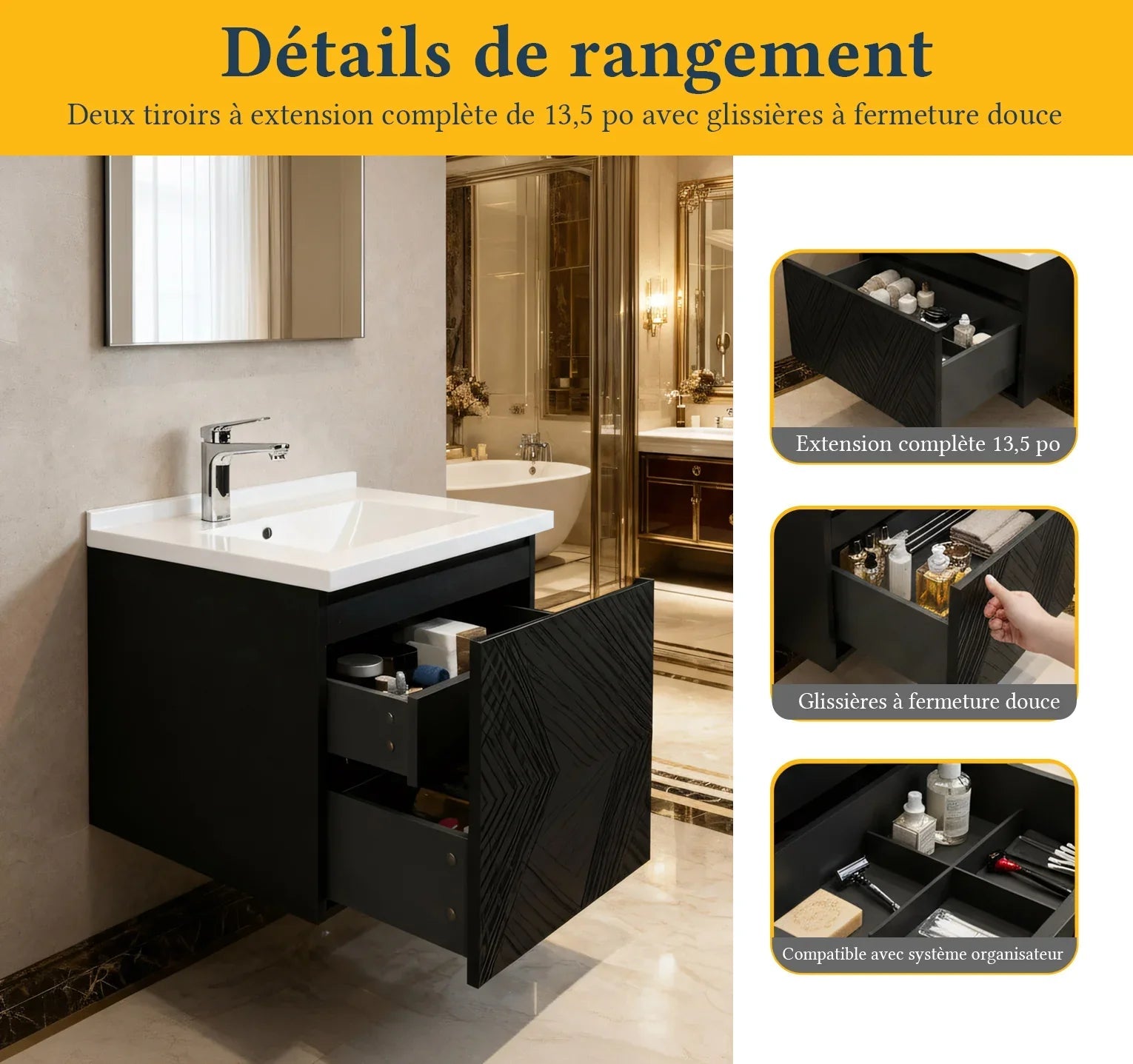 24" Black Wall Mount Bathroom Vanity with White Polymarble Countertop-Migration_Bathroom Vanities-DECOROLALA