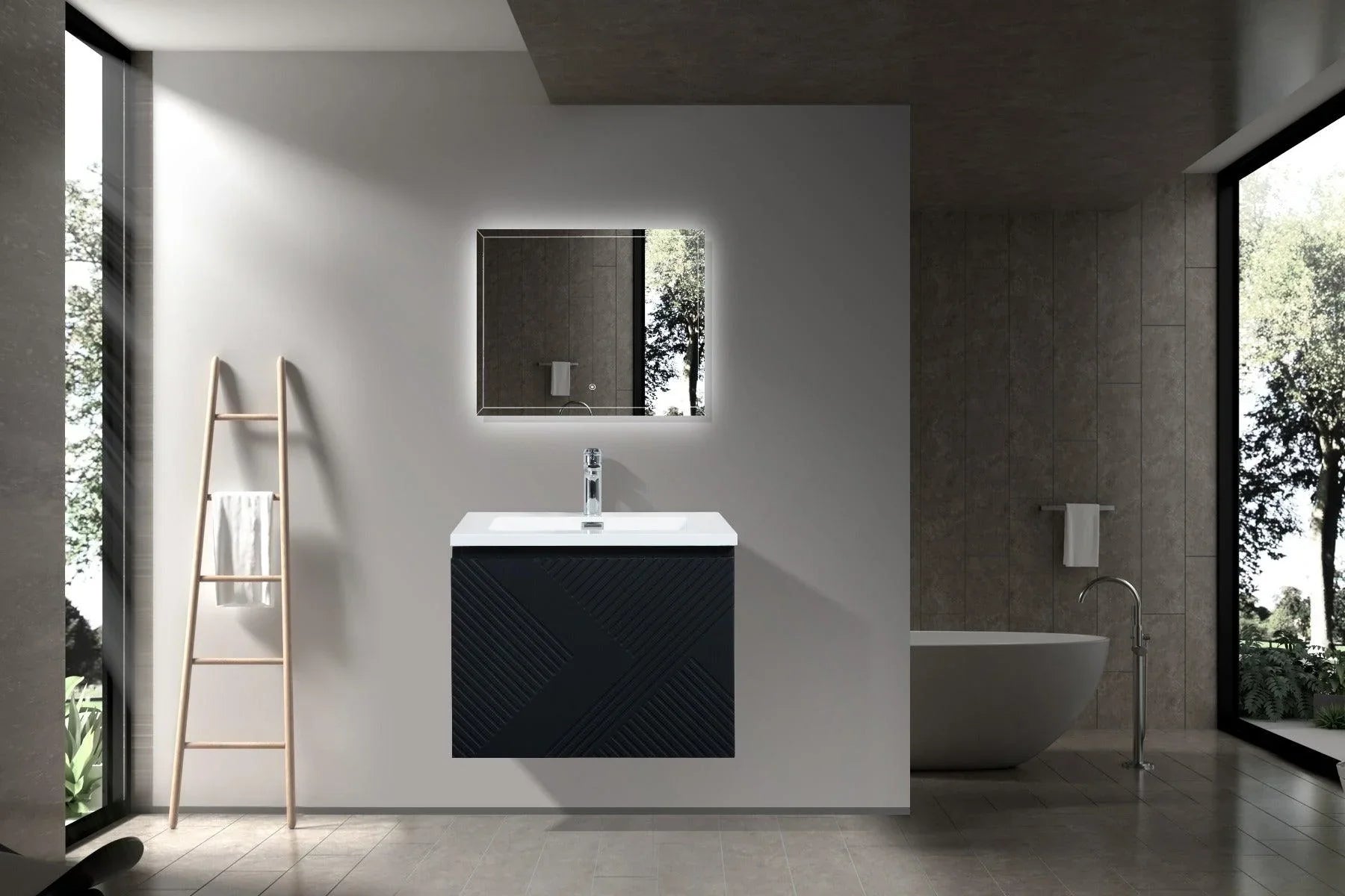 24" Black Wall Mount Bathroom Vanity with White Polymarble Countertop-Migration_Bathroom Vanities-DECOROLALA