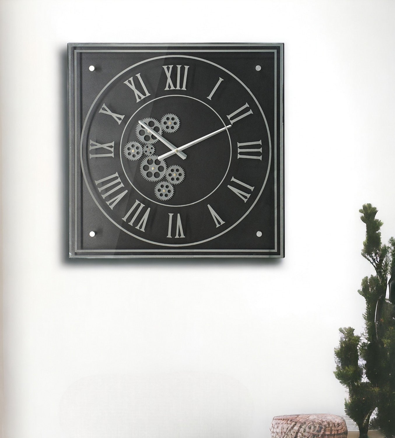 24" Black and Silver Vintage Style Gears Square Wall Clock-Wall Clocks-DECOROLALA