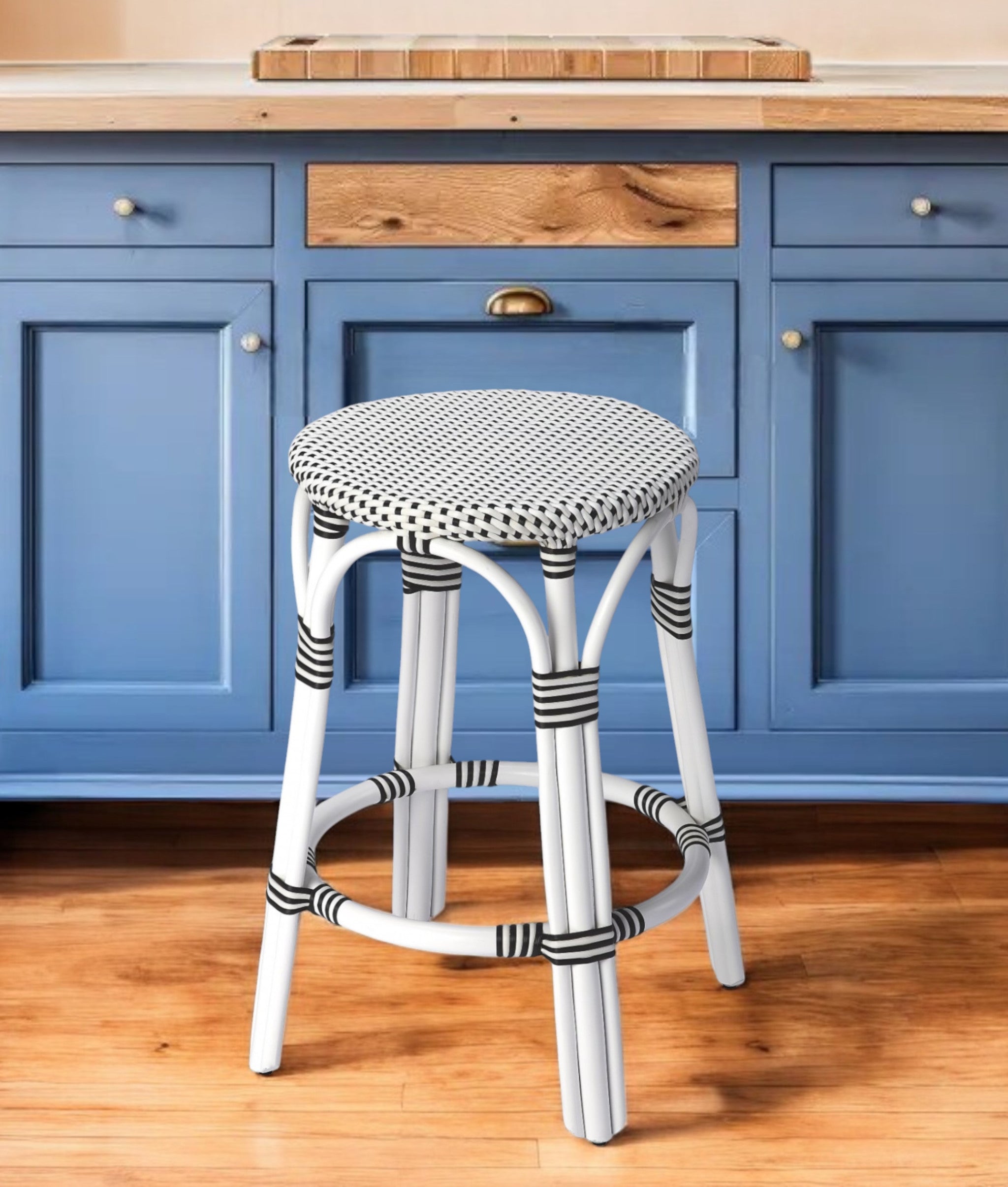 24" Black and White Rattan Backless Counter Height Bar Chair-Bar Chairs-DECOROLALA