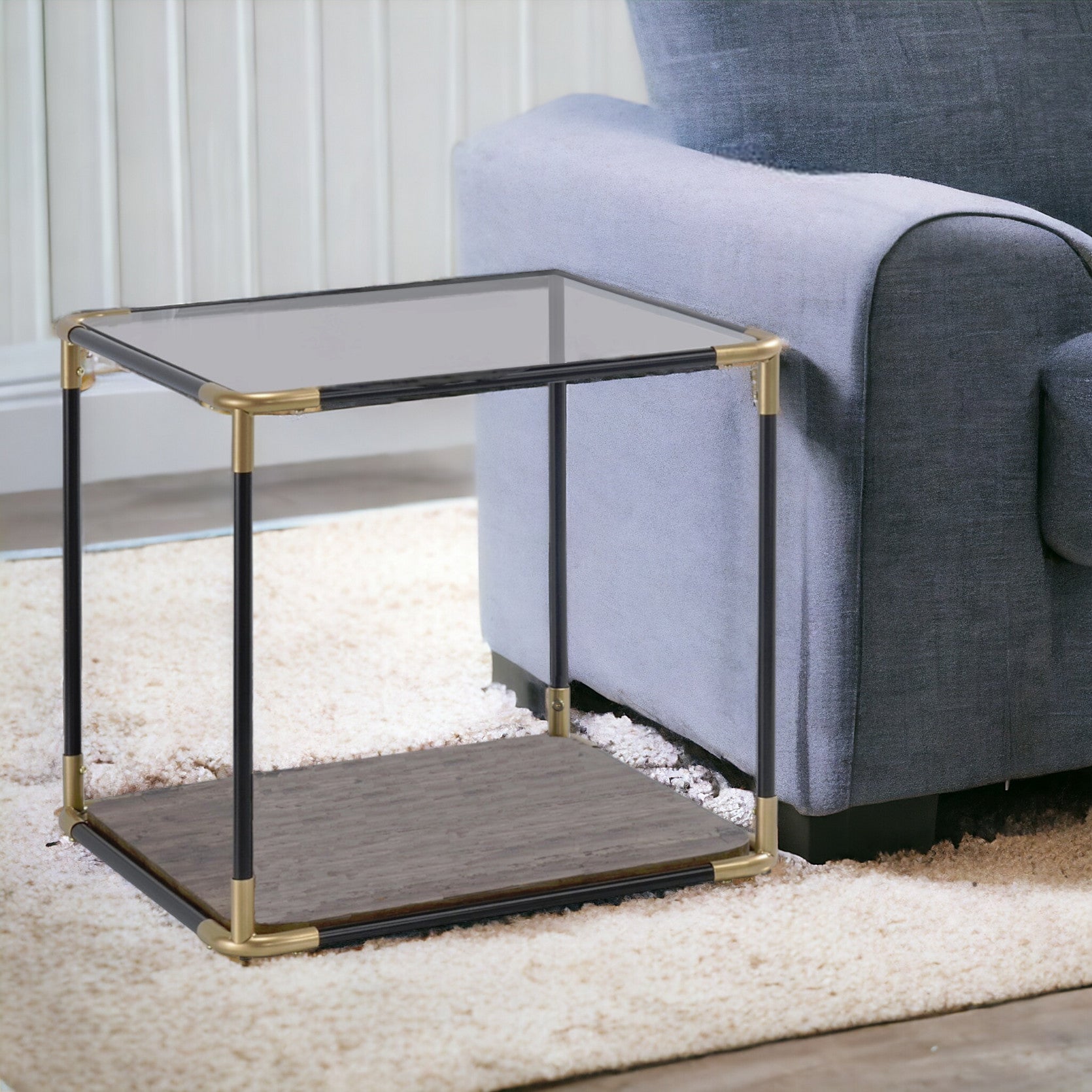24" Black/Gold And Clear Glass End Table-End-Side Tables-DECOROLALA