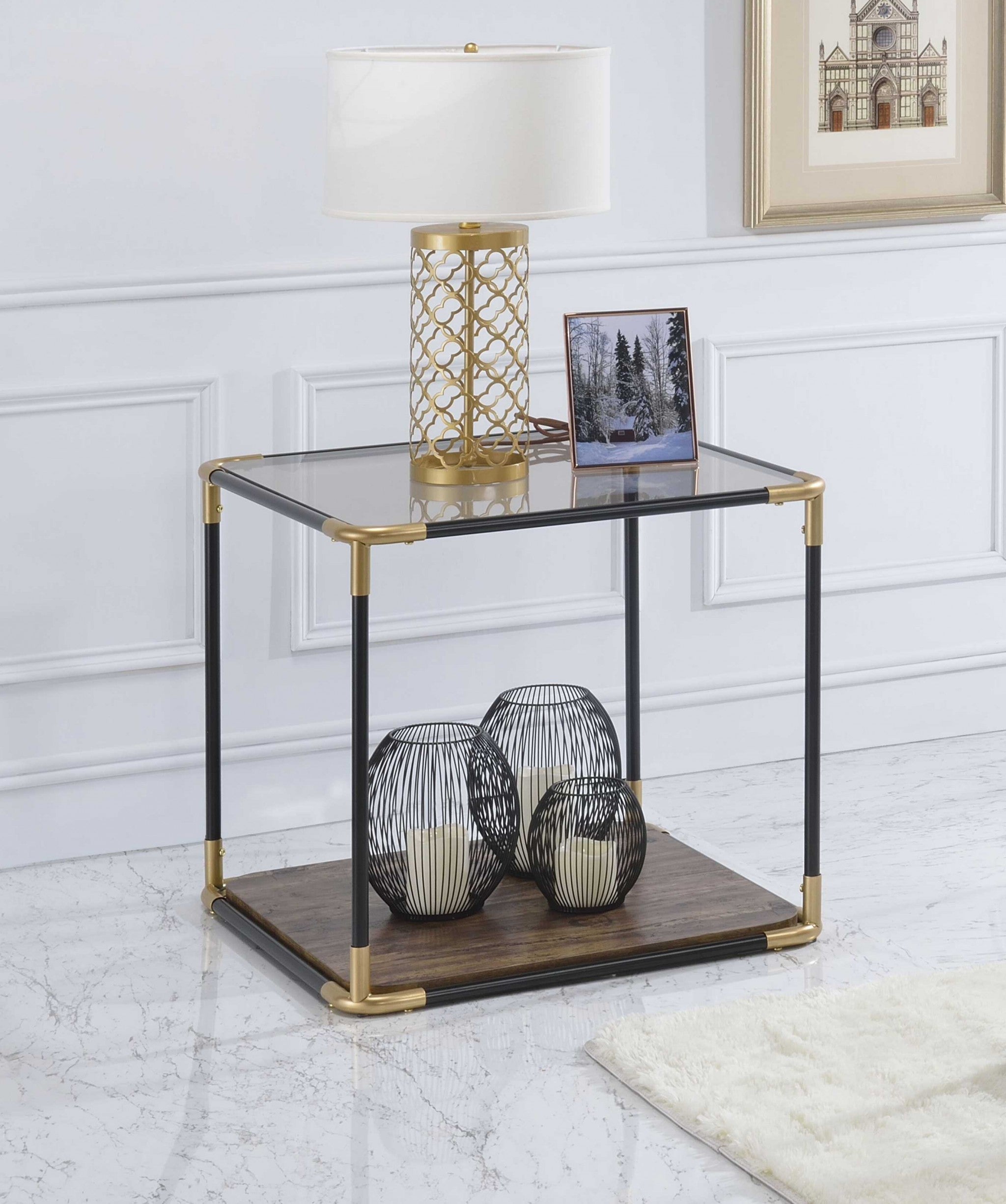 24" Black/Gold And Clear Glass End Table-End-Side Tables-DECOROLALA