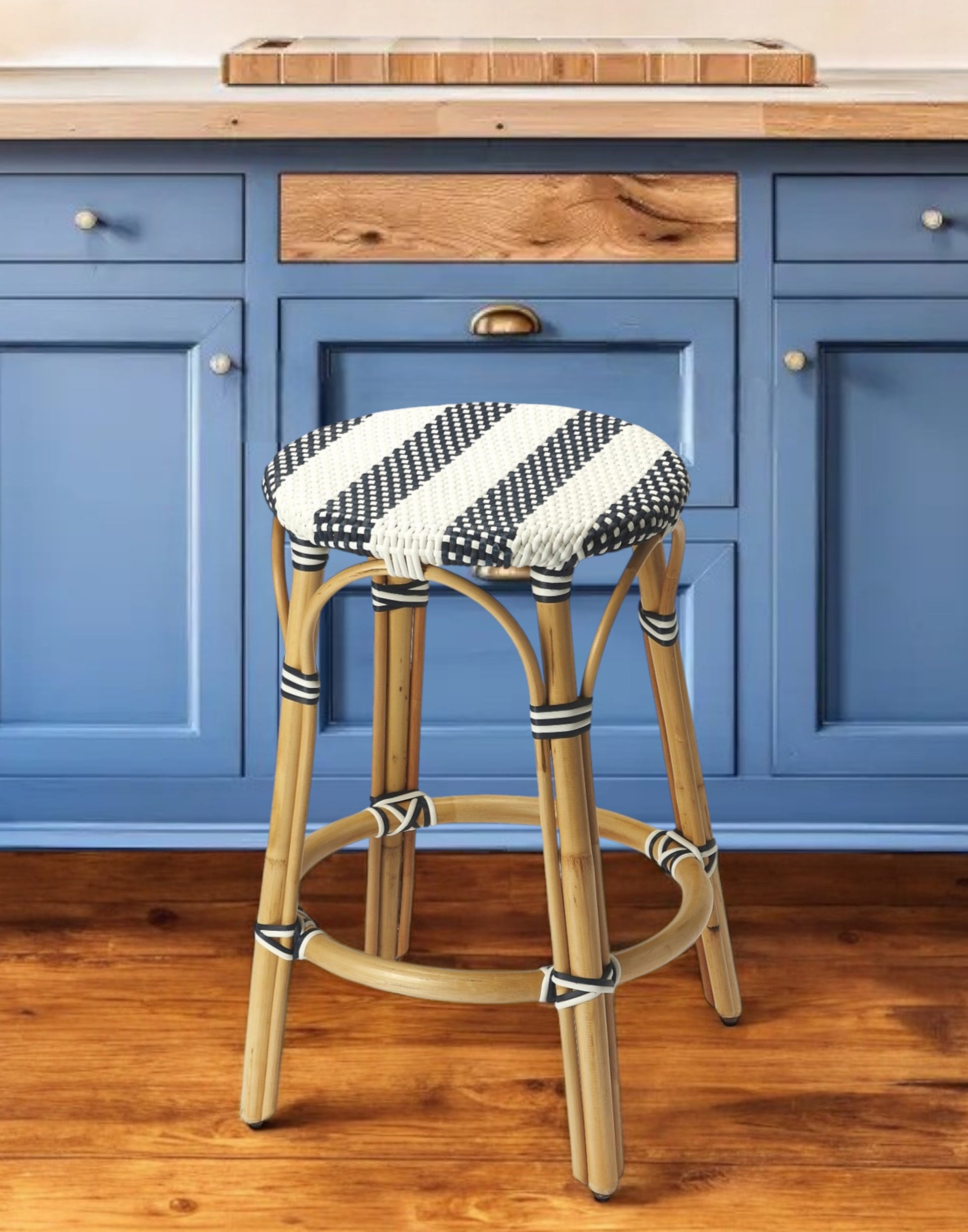 24" Blue White And Natural Rattan Backless Counter Height Bar Chair-Bar Chairs-DECOROLALA