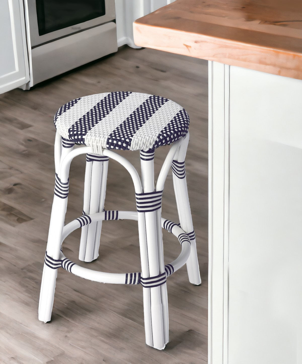 24" Blue and White Rattan Backless Counter Height Bar Chair-Bar Chairs-DECOROLALA