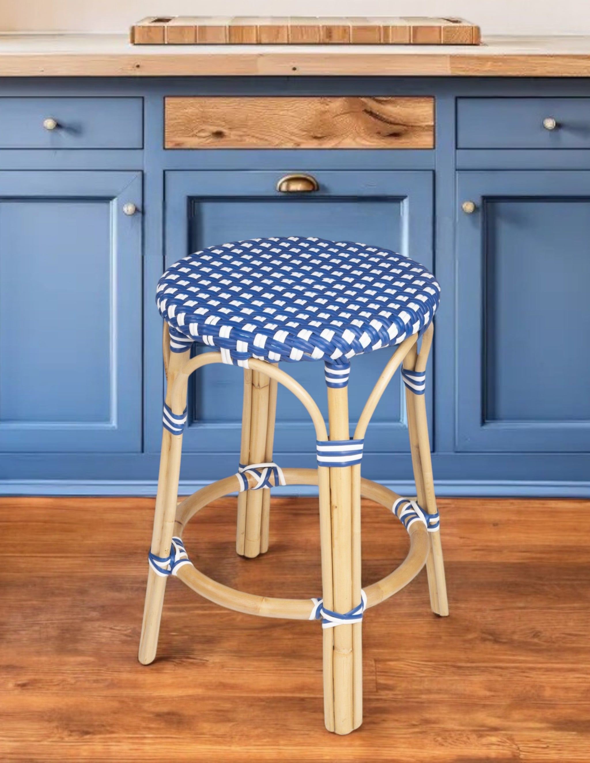 24" Blue and White and Wood Brown Heavy Duty Rattan Backless Counter Height Bar Chair-Bar Chairs-DECOROLALA