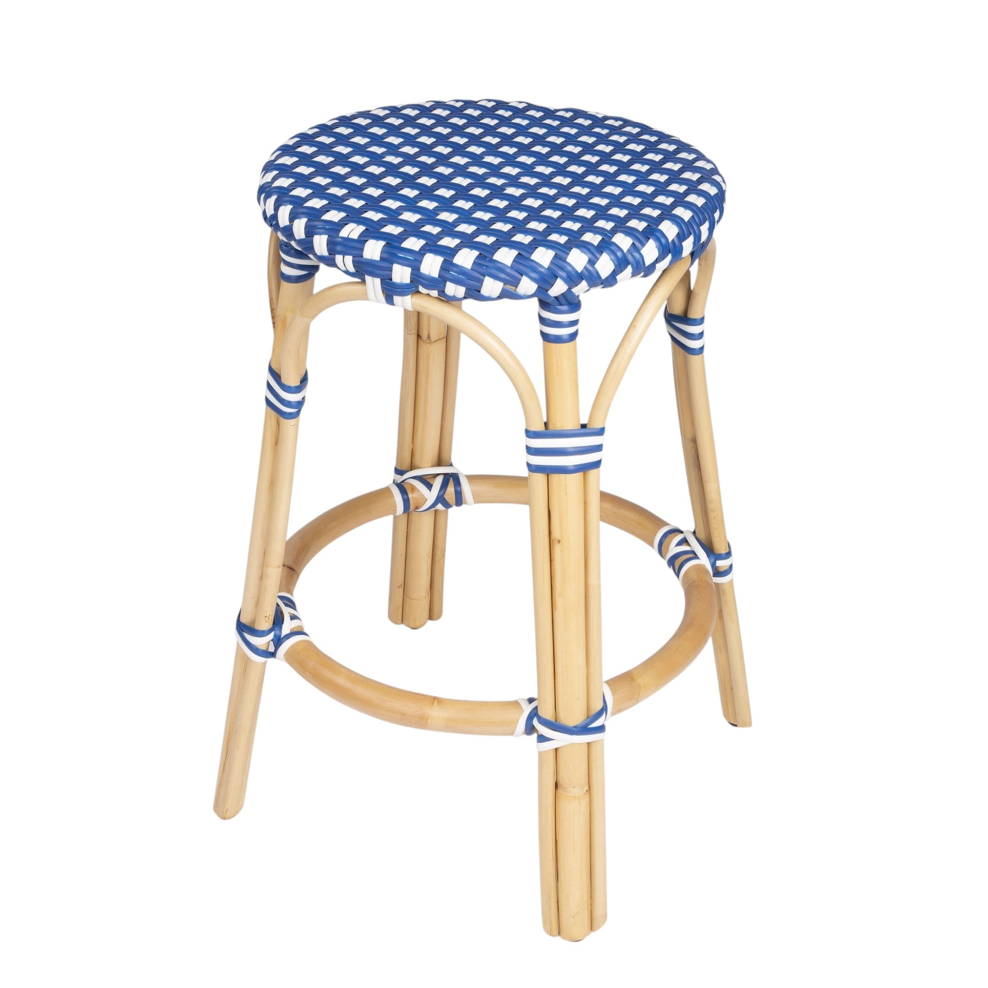 24" Blue and White and Wood Brown Heavy Duty Rattan Backless Counter Height Bar Chair-Bar Chairs-DECOROLALA