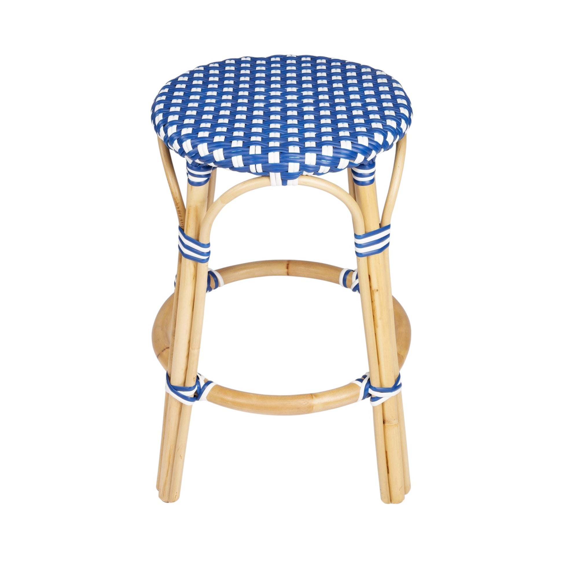 24" Blue and White and Wood Brown Heavy Duty Rattan Backless Counter Height Bar Chair-Bar Chairs-DECOROLALA