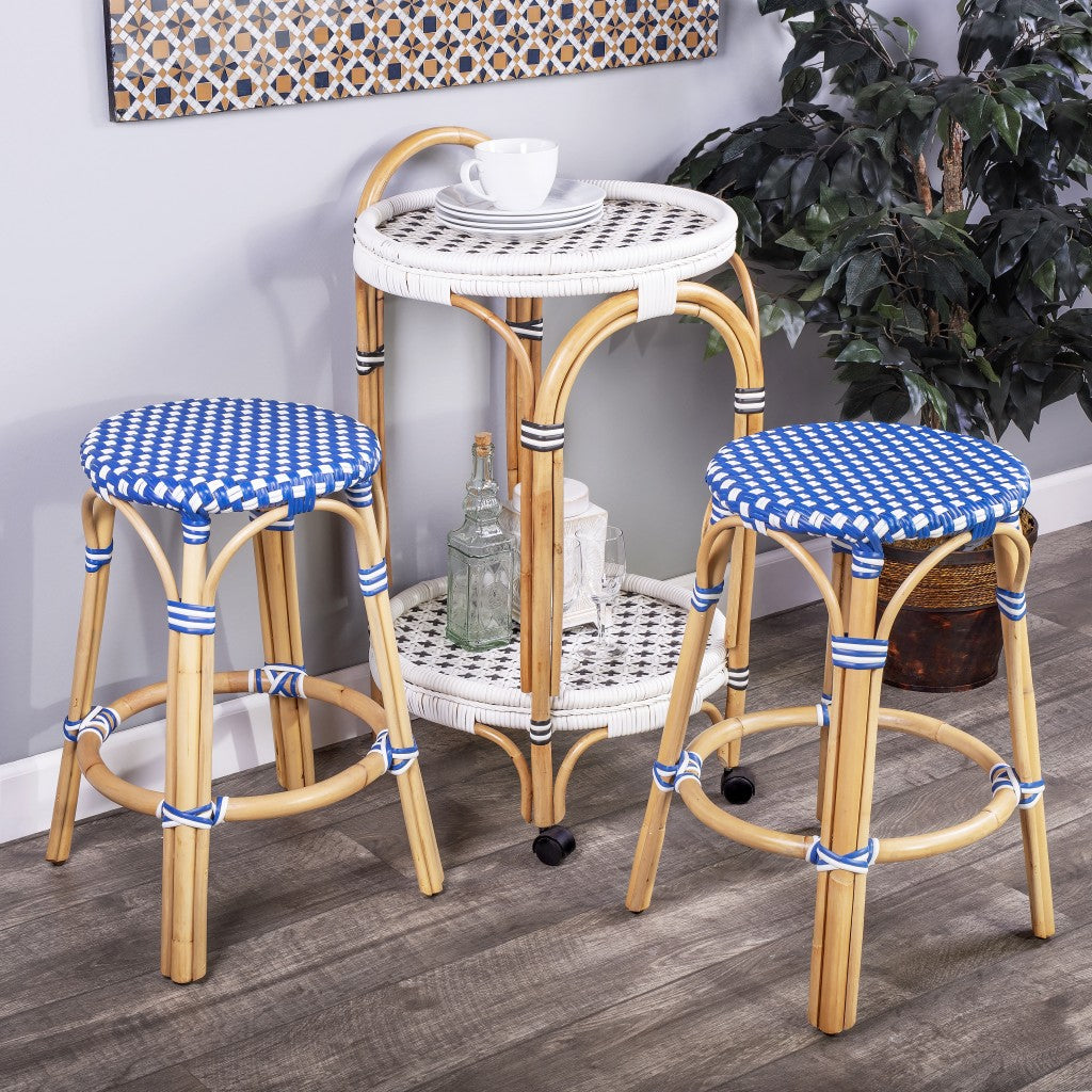 24" Blue and White and Wood Brown Heavy Duty Rattan Backless Counter Height Bar Chair-Bar Chairs-DECOROLALA