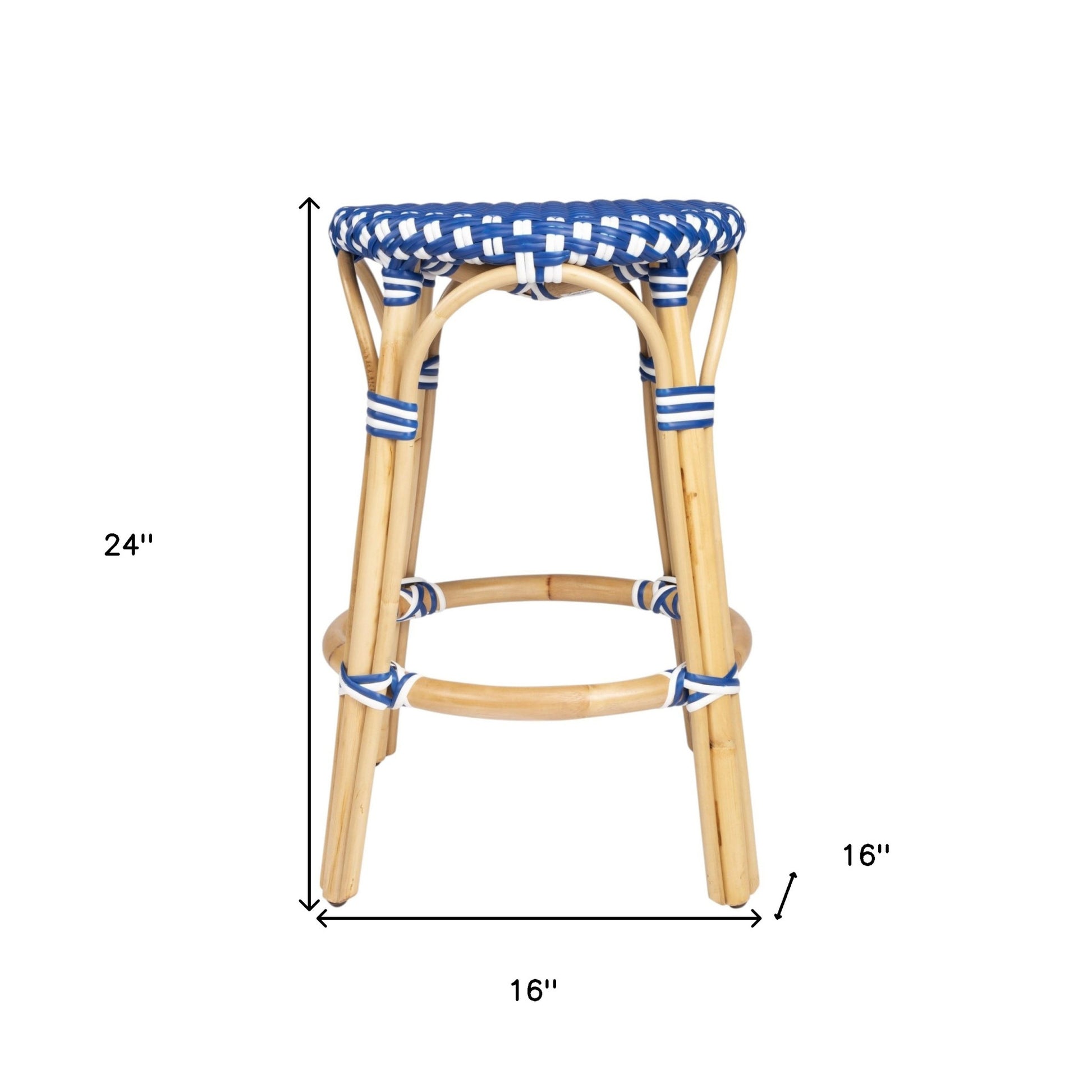 24" Blue and White and Wood Brown Heavy Duty Rattan Backless Counter Height Bar Chair-Bar Chairs-DECOROLALA
