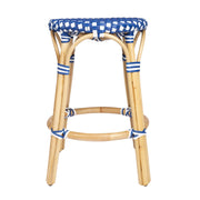 24" Blue and White and Wood Brown Heavy Duty Rattan Backless Counter Height Bar Chair-Bar Chairs-DECOROLALA