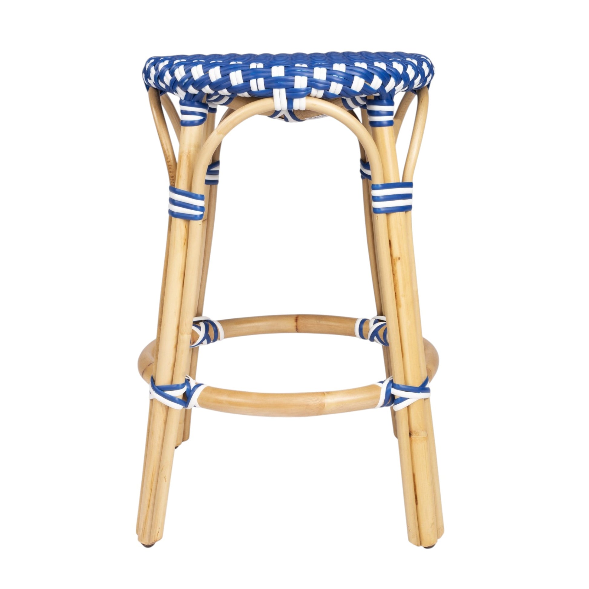 24" Blue and White and Wood Brown Heavy Duty Rattan Backless Counter Height Bar Chair-Bar Chairs-DECOROLALA