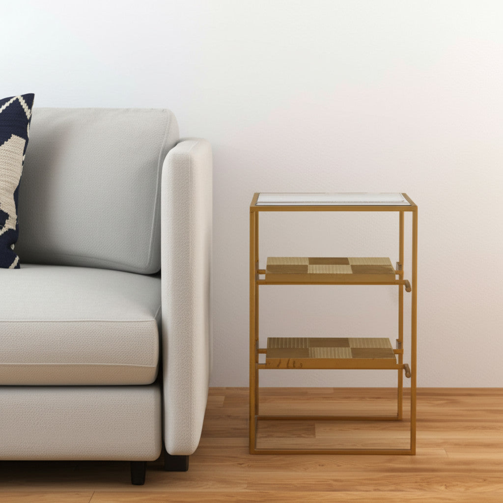 24" Brass Glass And Iron Rectangular End Table With Two Shelves-End-Side Tables-DECOROLALA