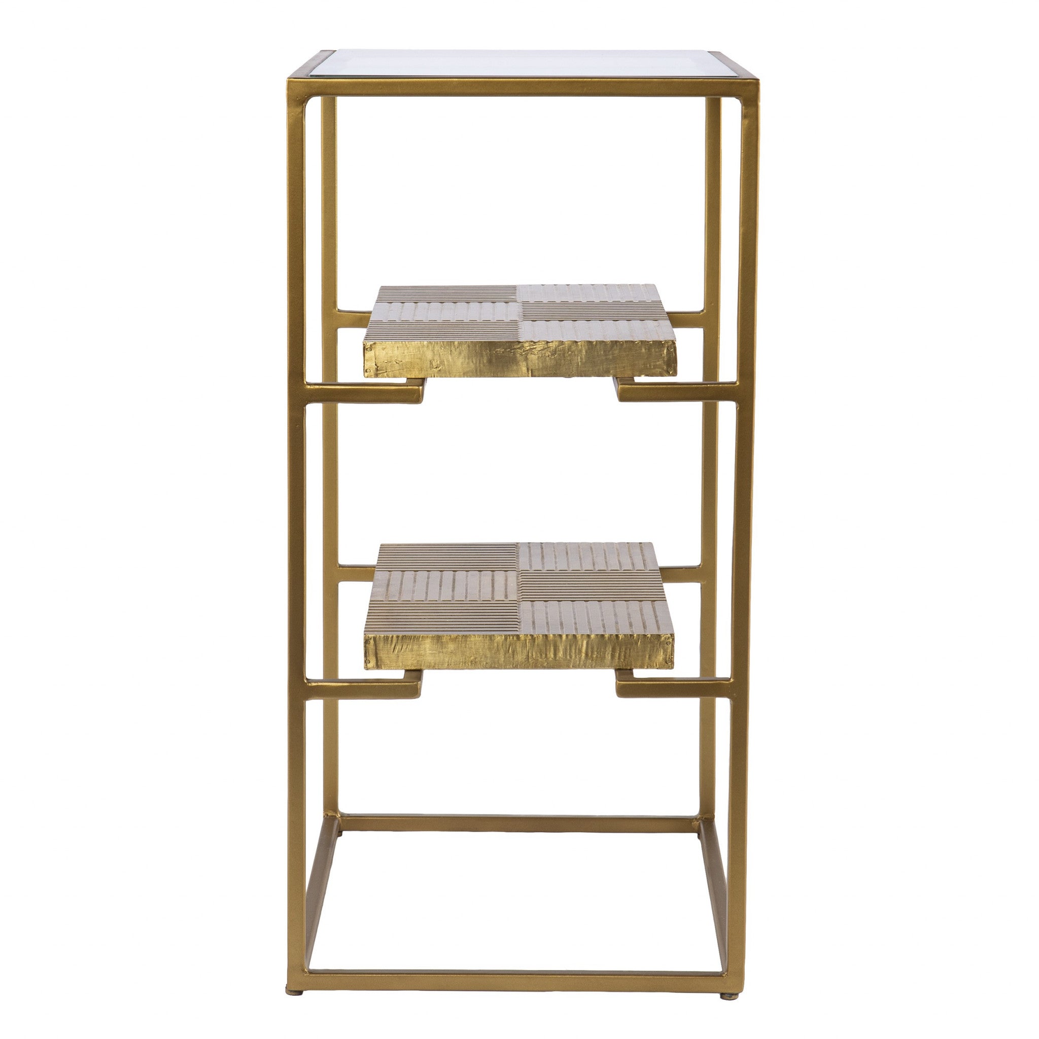 24" Brass Glass And Iron Rectangular End Table With Two Shelves-End-Side Tables-DECOROLALA