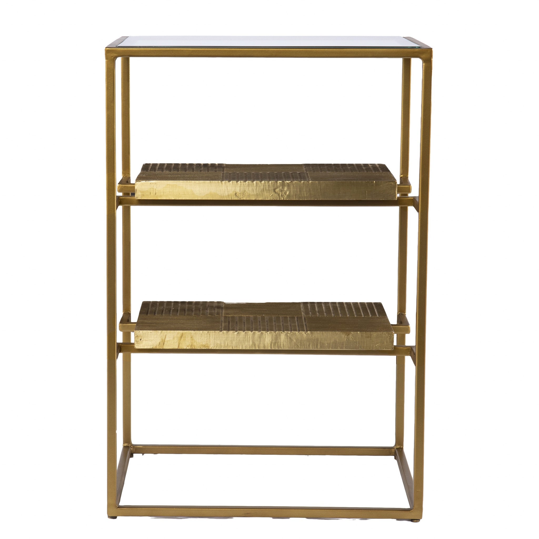 24" Brass Glass And Iron Rectangular End Table With Two Shelves-End-Side Tables-DECOROLALA