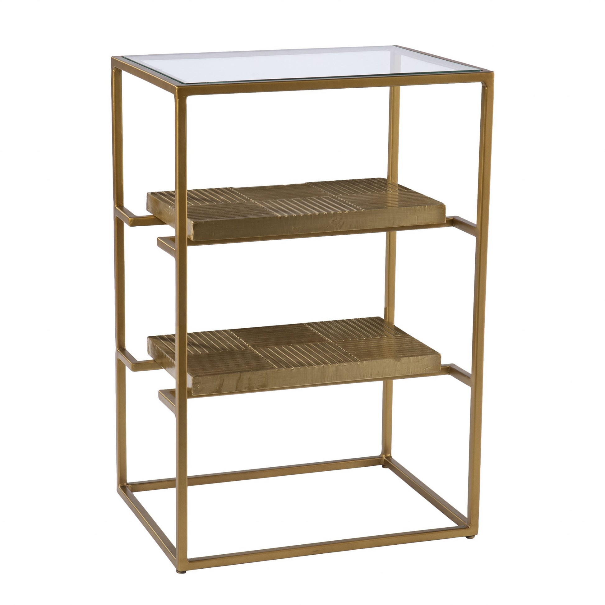 24" Brass Glass And Iron Rectangular End Table With Two Shelves-End-Side Tables-DECOROLALA