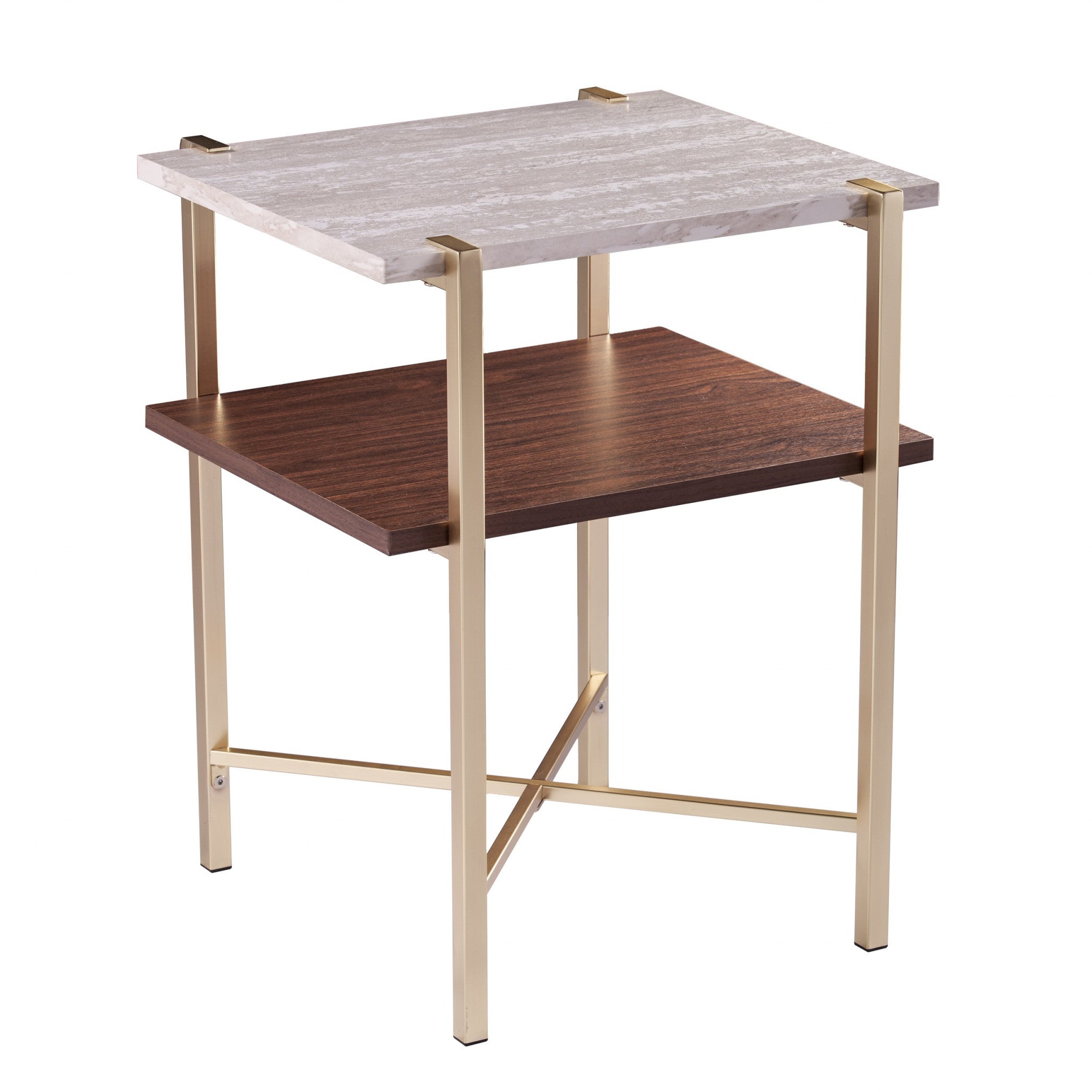 24" Brass Manufactured Wood And Iron Square End Table With Shelf-End-Side Tables-DECOROLALA