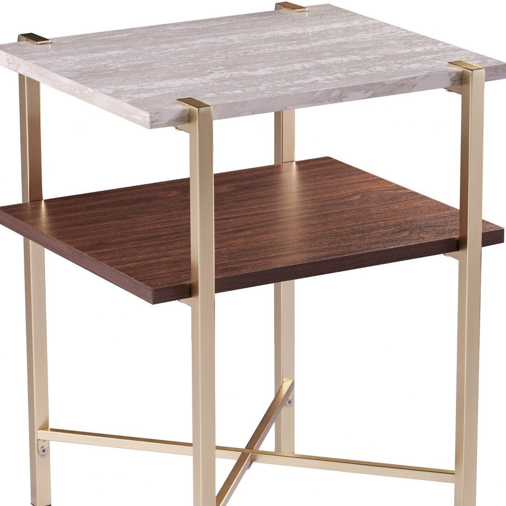 24" Brass Manufactured Wood And Iron Square End Table With Shelf-End-Side Tables-DECOROLALA