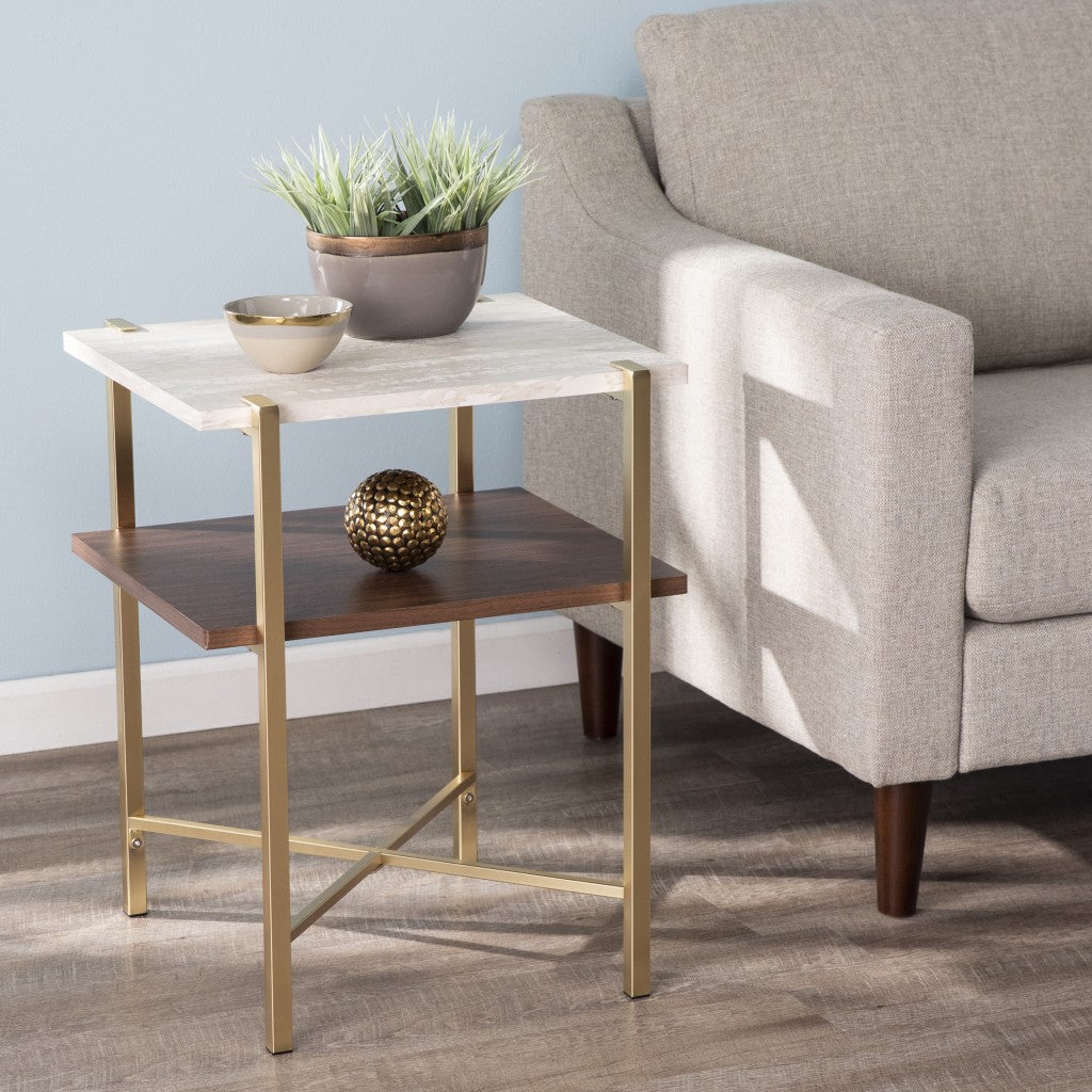 24" Brass Manufactured Wood And Iron Square End Table With Shelf-End-Side Tables-DECOROLALA