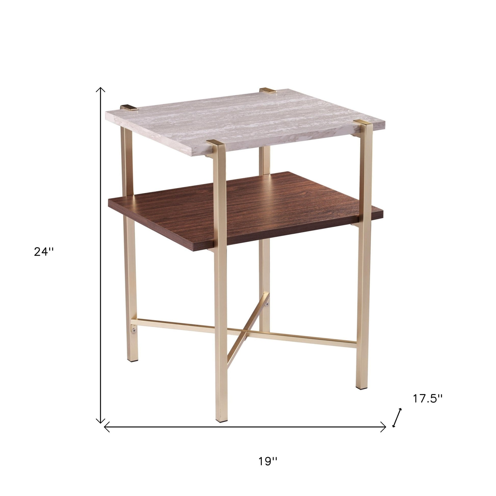 24" Brass Manufactured Wood And Iron Square End Table With Shelf-End-Side Tables-DECOROLALA