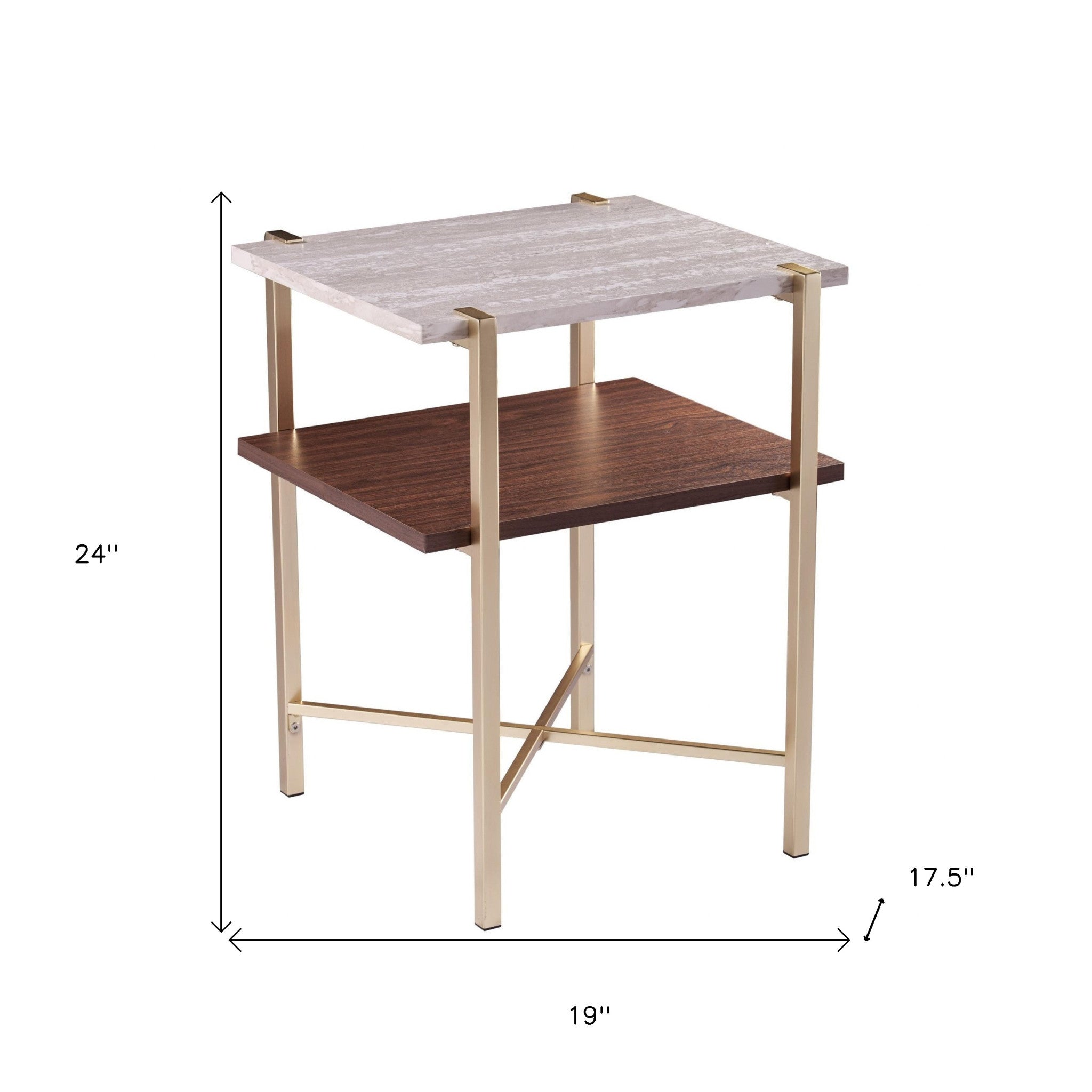 24" Brass Manufactured Wood And Iron Square End Table With Shelf-End-Side Tables-DECOROLALA