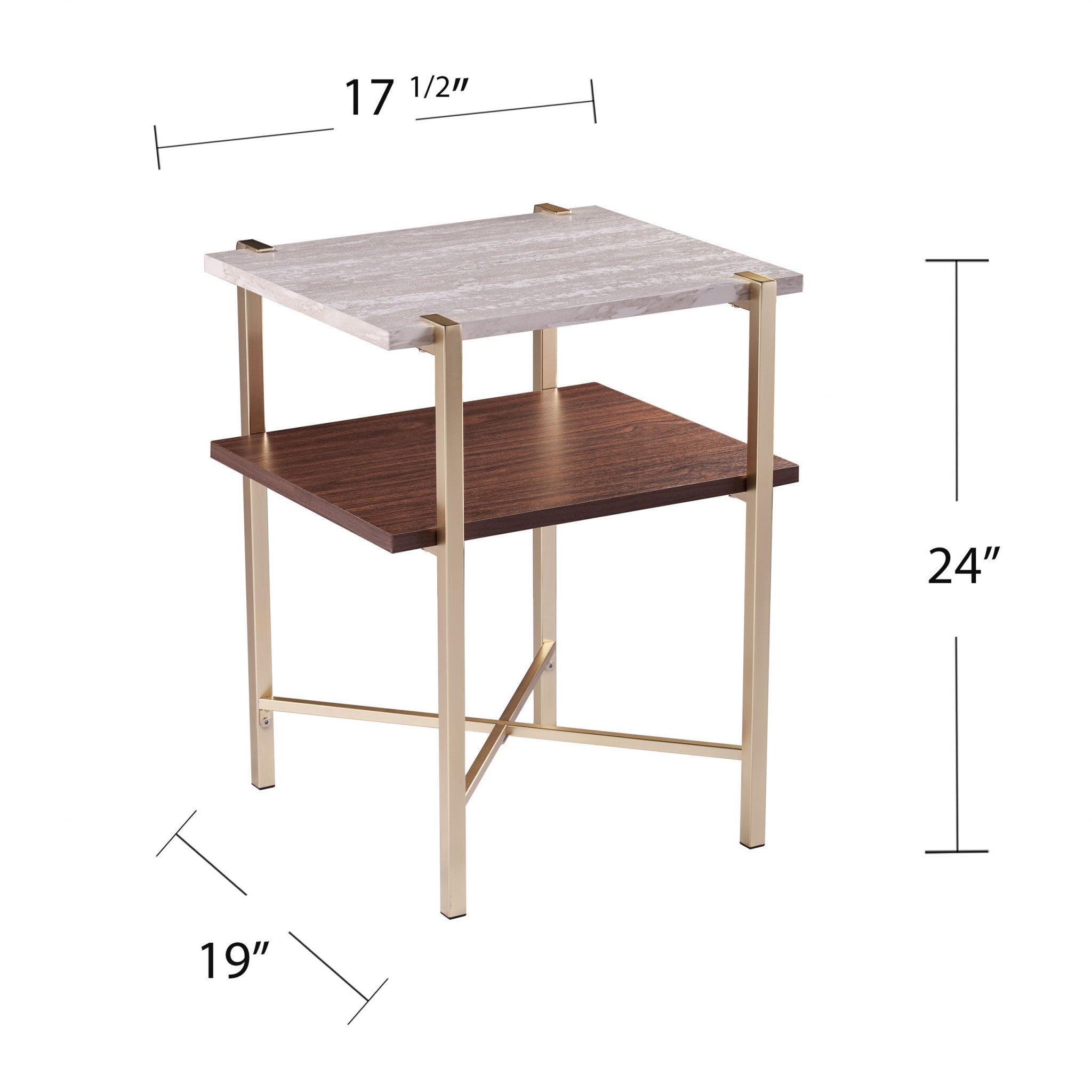 24" Brass Manufactured Wood And Iron Square End Table With Shelf-End-Side Tables-DECOROLALA