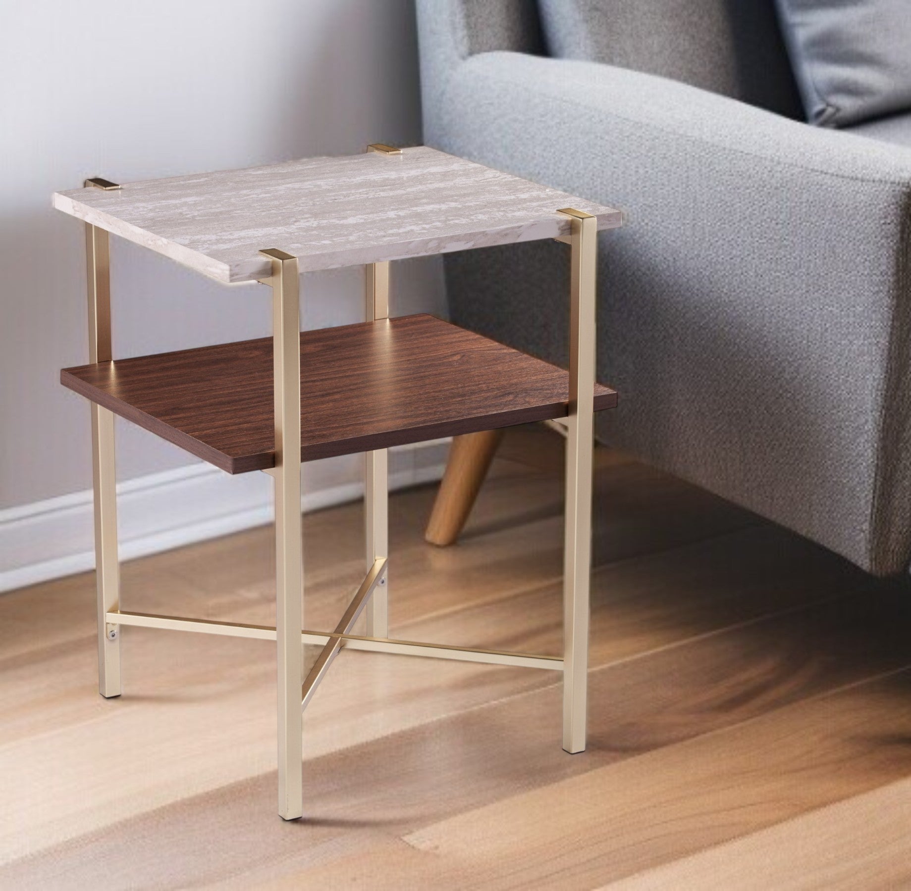 24" Brass Manufactured Wood And Iron Square End Table With Shelf-End-Side Tables-DECOROLALA