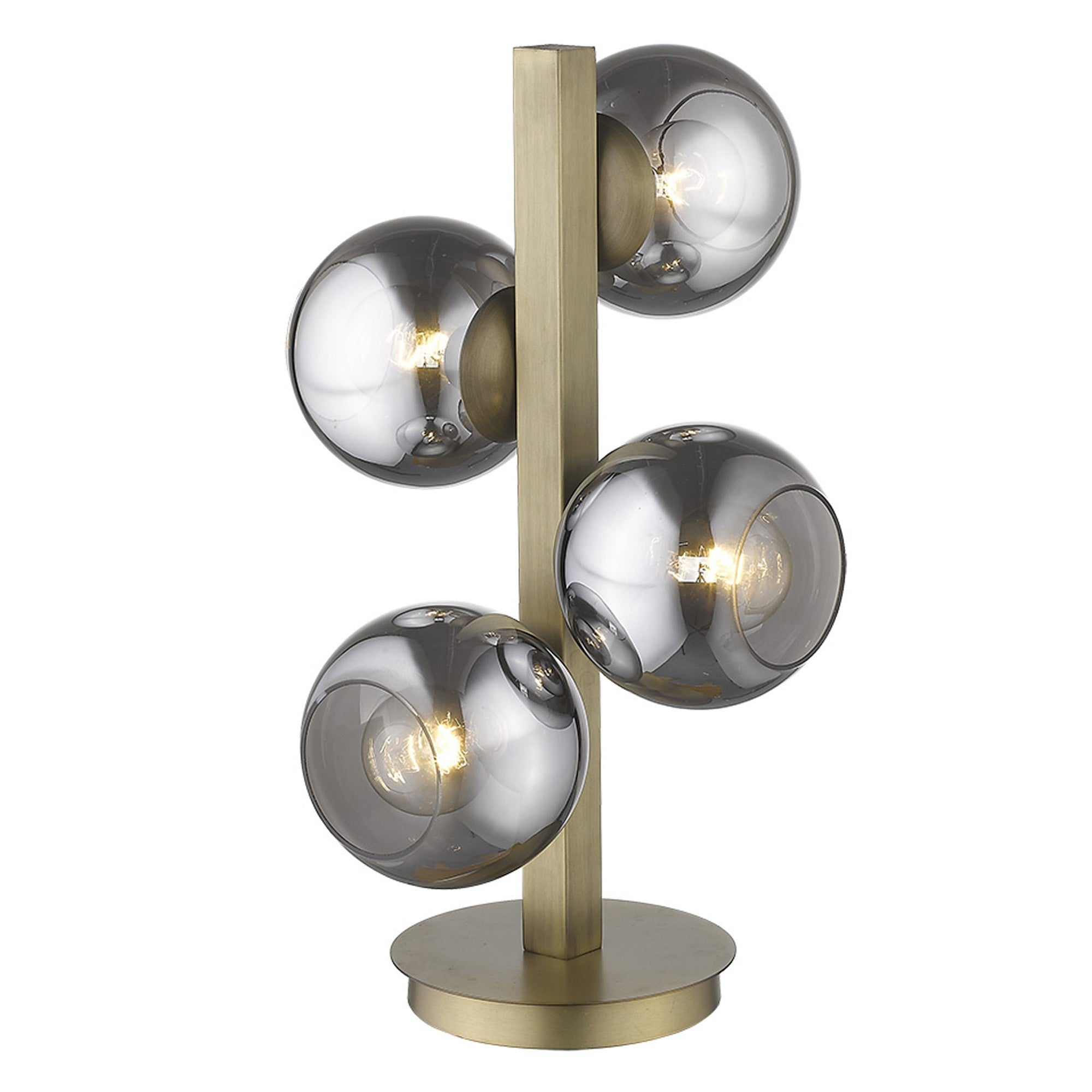 24" Brass Metal Four Light Novelty Table Lamp With Silver Metallic Globe Shades-Table Lamps-DECOROLALA