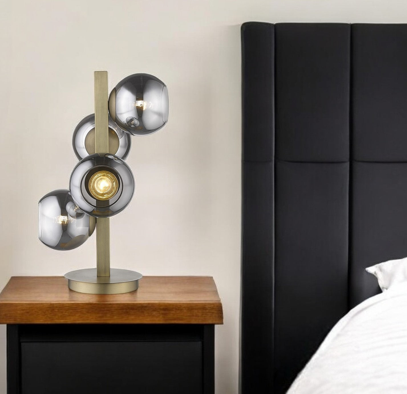 24" Brass Metal Four Light Novelty Table Lamp With Silver Metallic Globe Shades-Table Lamps-DECOROLALA