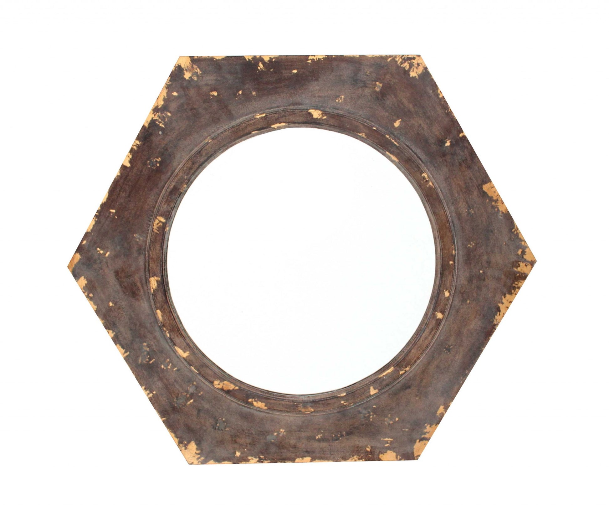 24" Bronze Hexagon Distressed Wood Framed Accent Mirror-Mirrors-DECOROLALA