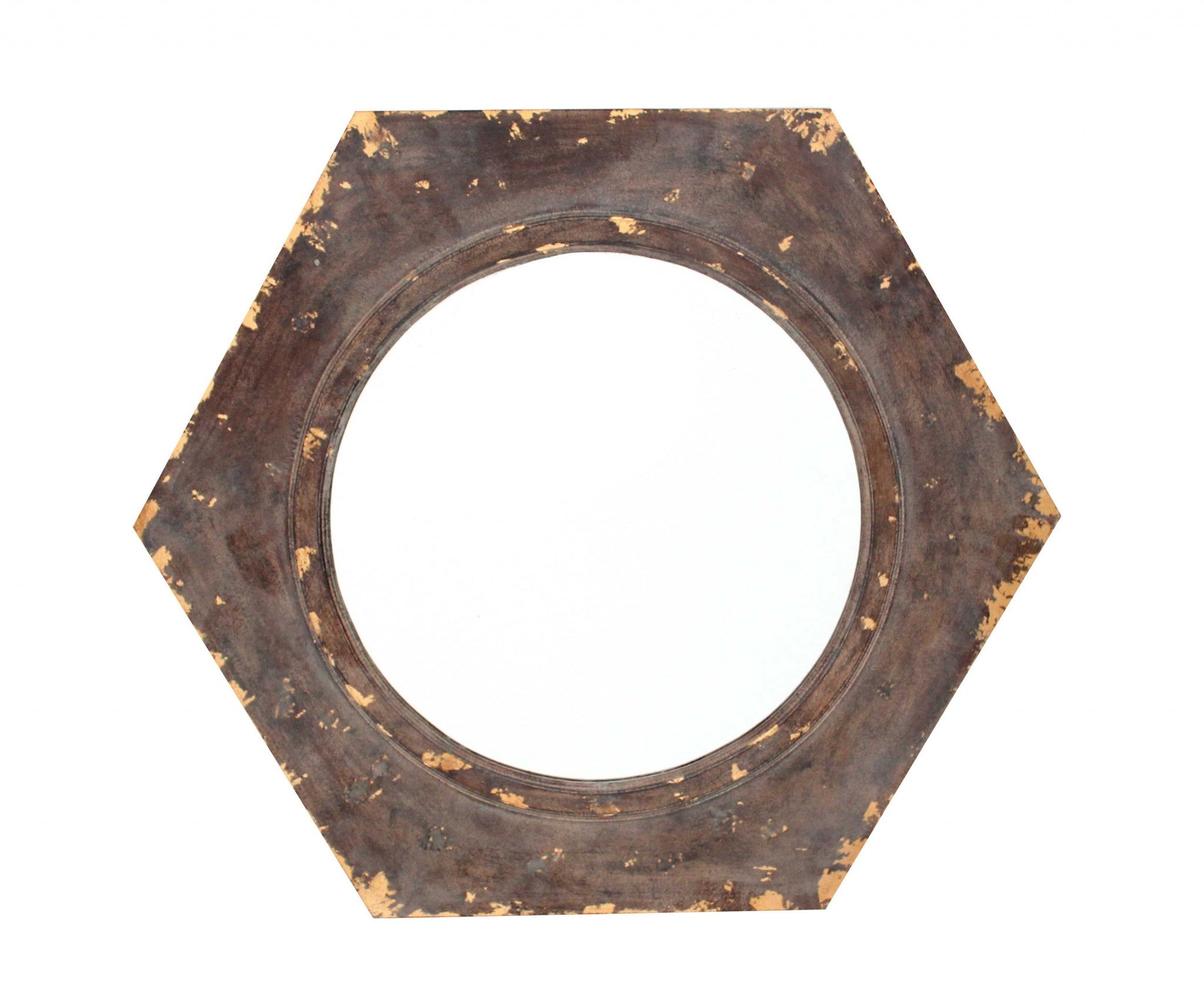 24" Bronze Hexagon Distressed Wood Framed Accent Mirror-Mirrors-DECOROLALA