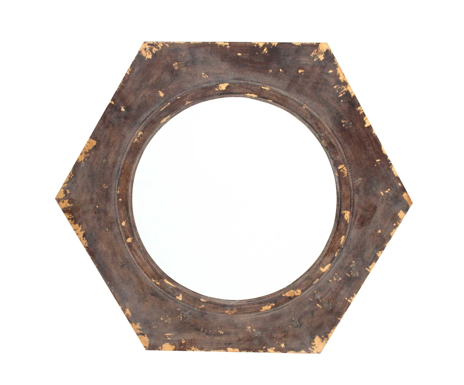 24" Bronze Hexagon Distressed Wood Framed Accent Mirror-Mirrors-DECOROLALA