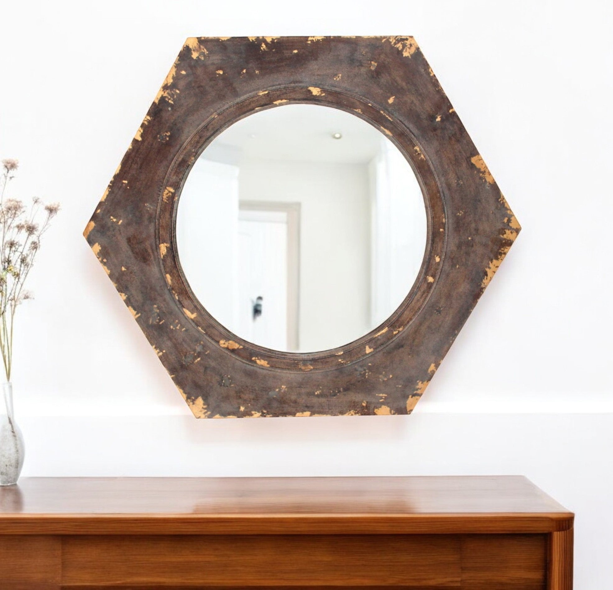24" Bronze Hexagon Distressed Wood Framed Accent Mirror-Mirrors-DECOROLALA